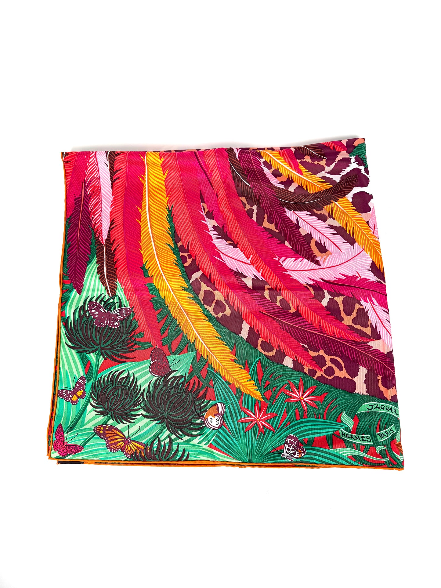 HERMES Jaguar Quetzal Square 90 cm Green Fuchsia Bordeaux Silk Scarf