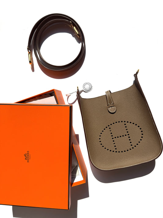 New HERMES Mini Evelyne Sellier TPM 16 Etoupe Leather Crossbody Bag 