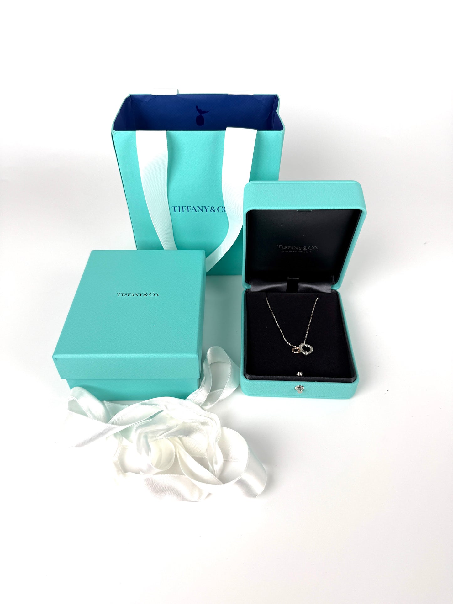 Tiffany & Co Elsa Peretti Open Heart Two Tone Sterling Silver and Gold Pendant Necklace