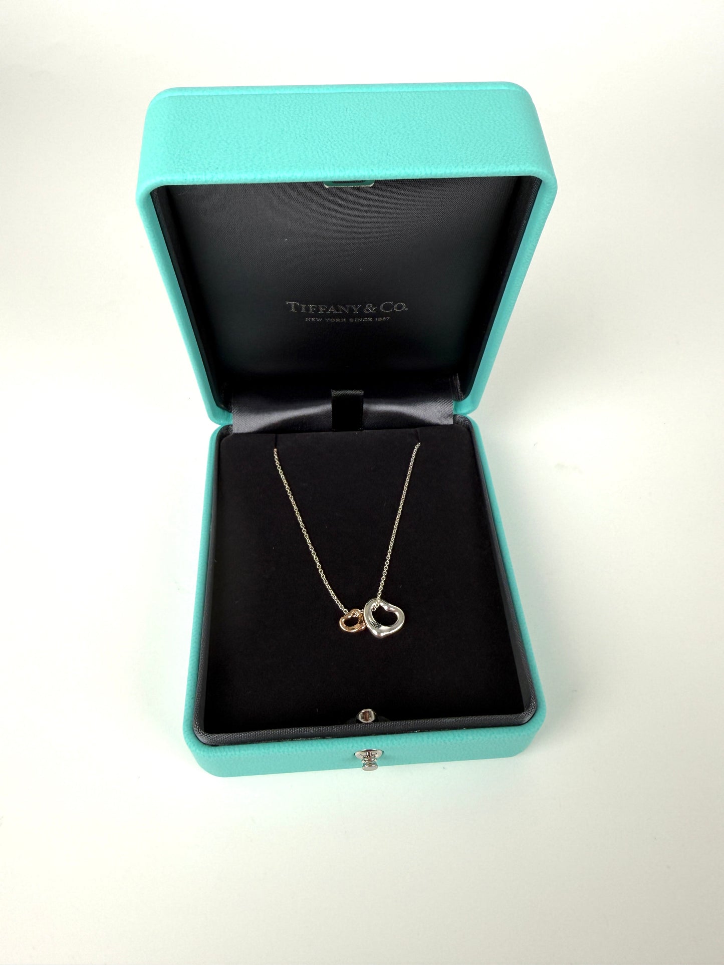 Tiffany & Co Elsa Peretti Open Heart Two Tone Sterling Silver and Gold Pendant Necklace