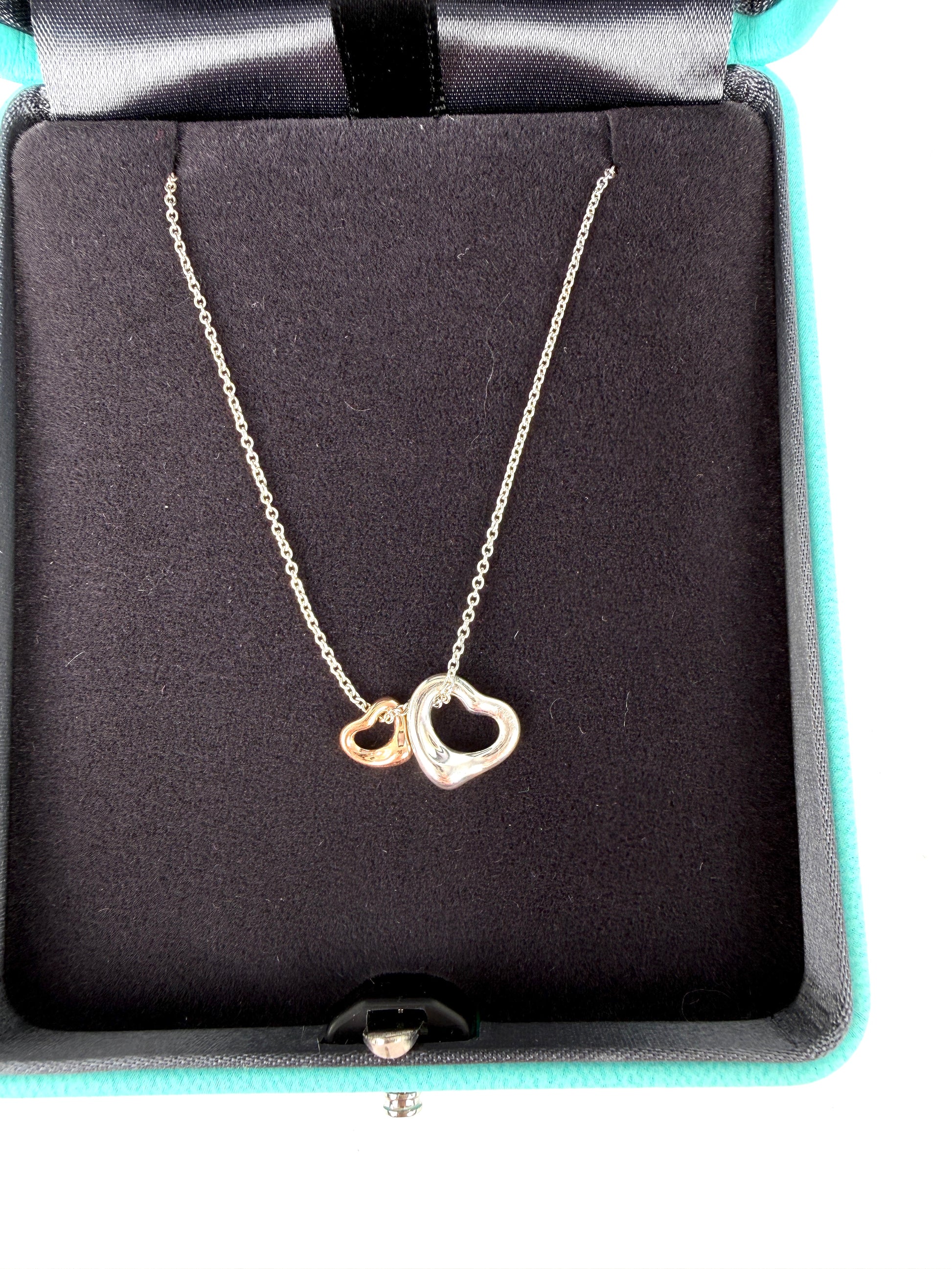 Tiffany & Co Elsa Peretti Open Heart Two Tone Sterling Silver and Gold Pendant Necklace