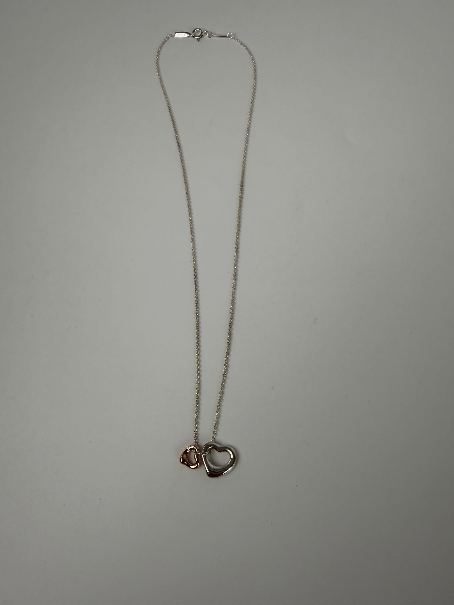 Tiffany & Co Elsa Peretti Open Heart Two Tone Sterling Silver and Gold Pendant Necklace