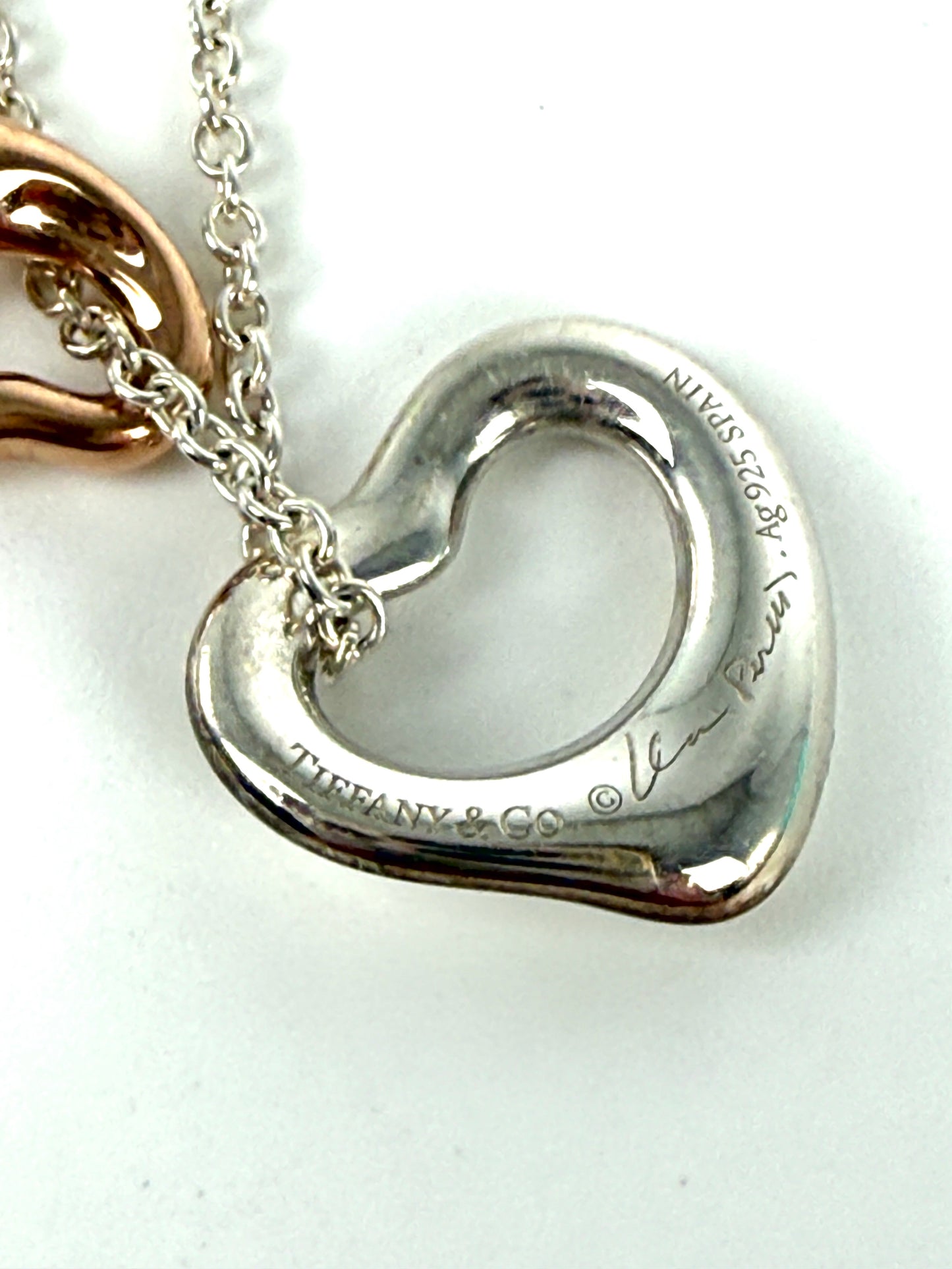 Tiffany & Co Elsa Peretti Open Heart Two Tone Sterling Silver and Gold Pendant Necklace
