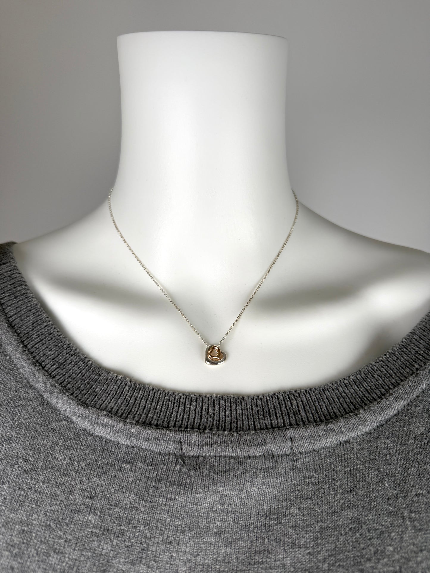 Tiffany & Co Elsa Peretti Open Heart Two Tone Sterling Silver and Gold Pendant Necklace