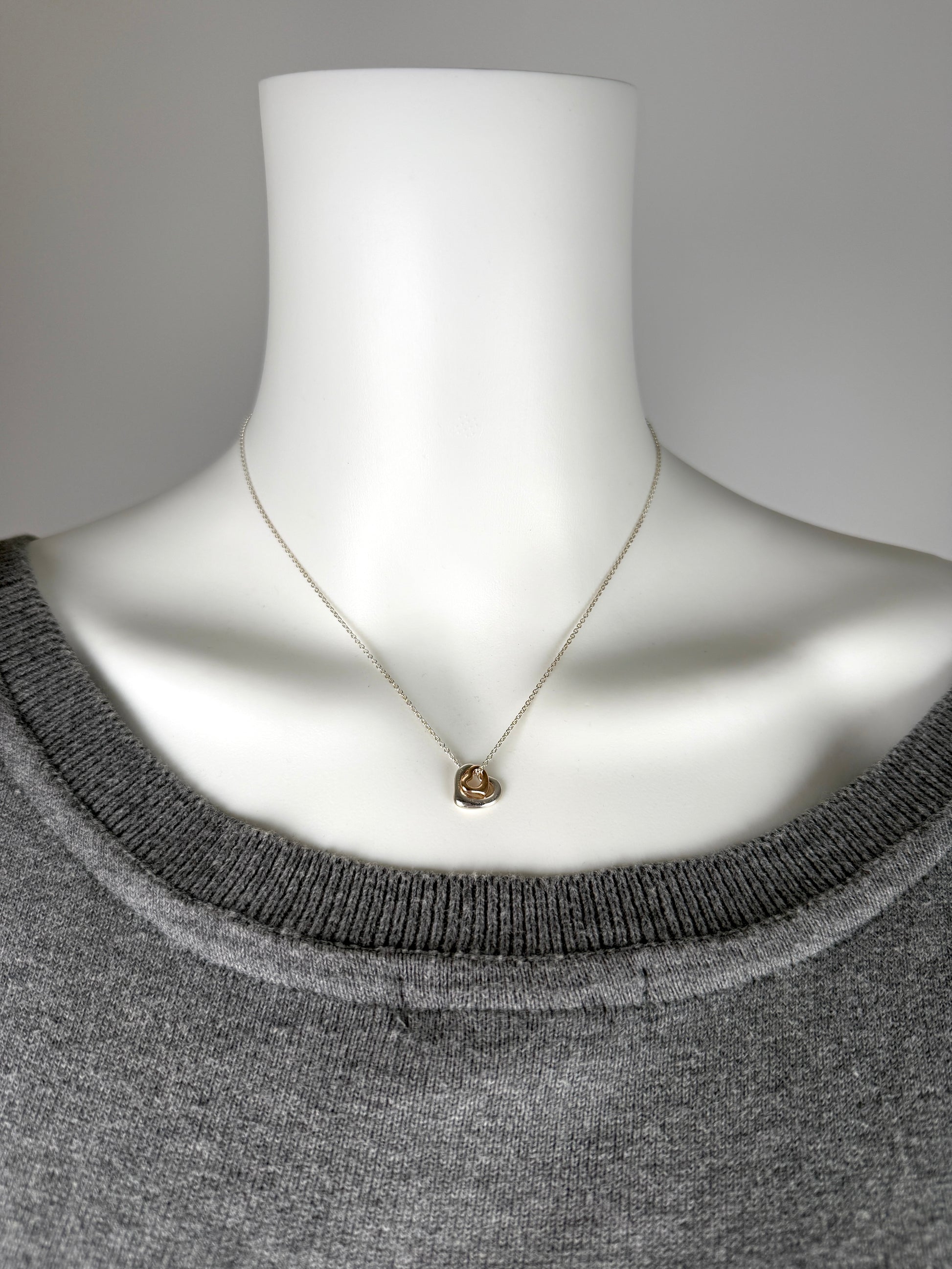 Tiffany & Co Elsa Peretti Open Heart Two Tone Sterling Silver and Gold Pendant Necklace