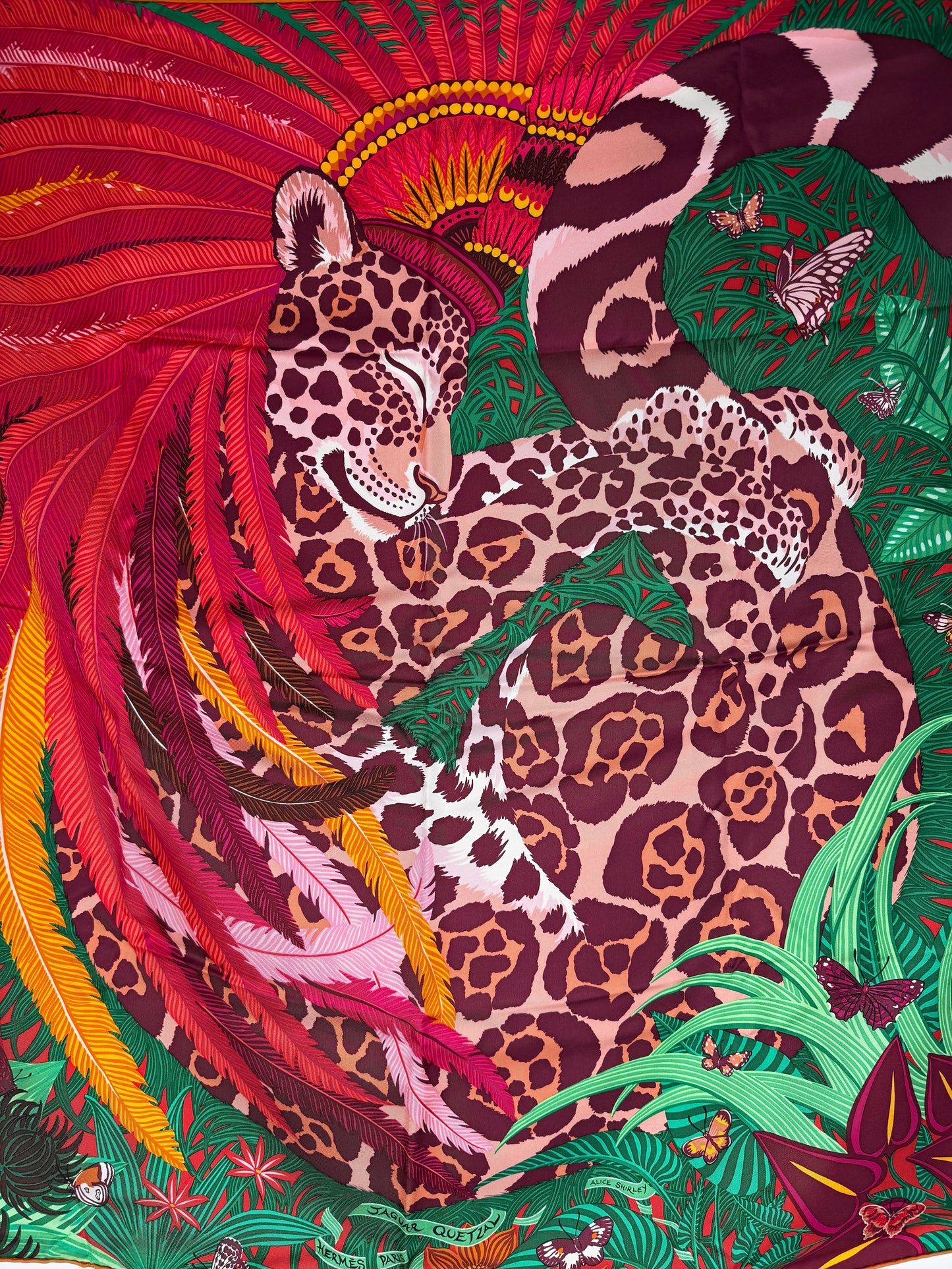 HERMES Jaguar Quetzal Square 90 cm Green Fuchsia Bordeaux Silk Scarf