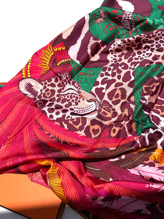 HERMES Jaguar Quetzal Square 90 cm Green Fuchsia Bordeaux Silk Scarf