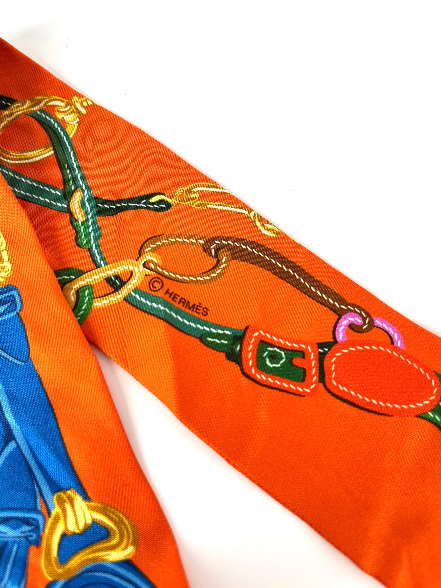 Hermes Orange Blue Brides de Gala Applique Chain Strap Silk Twilly Scarf