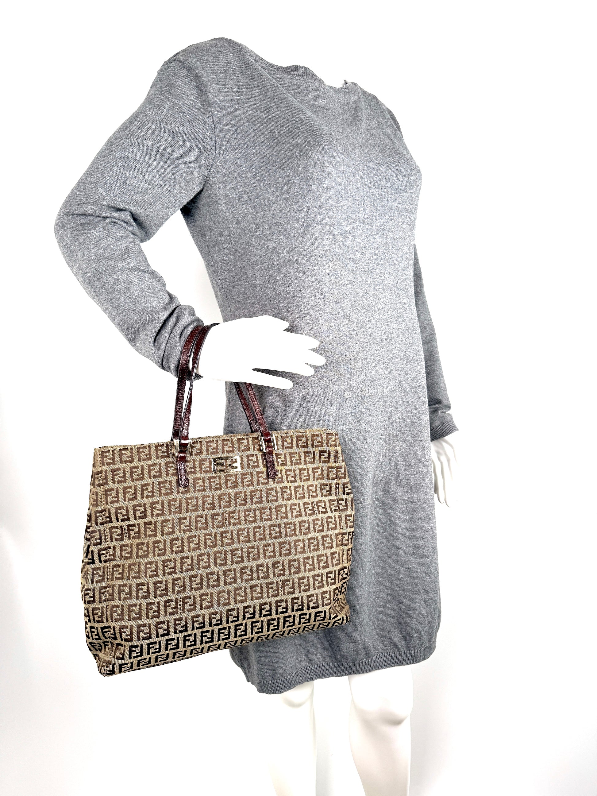 FENDI Vintage Zucchino FF Print Monogram Brown Beige Canvas Tote Bag