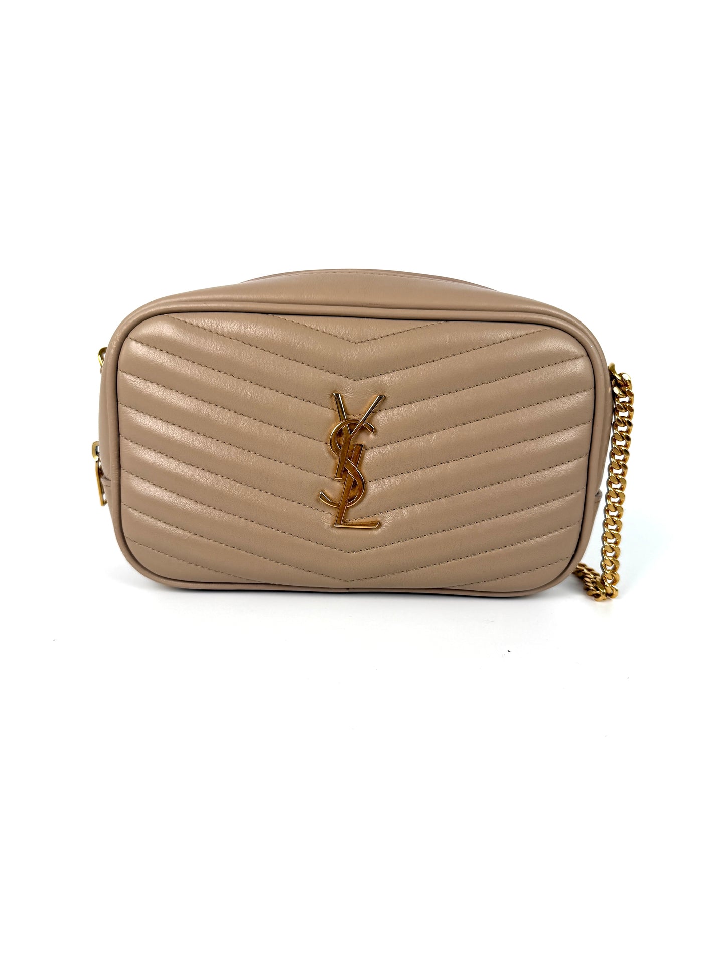 Saint Laurent Mini Lou Quilted Beige Leather Camera Chain Crossbody Bag