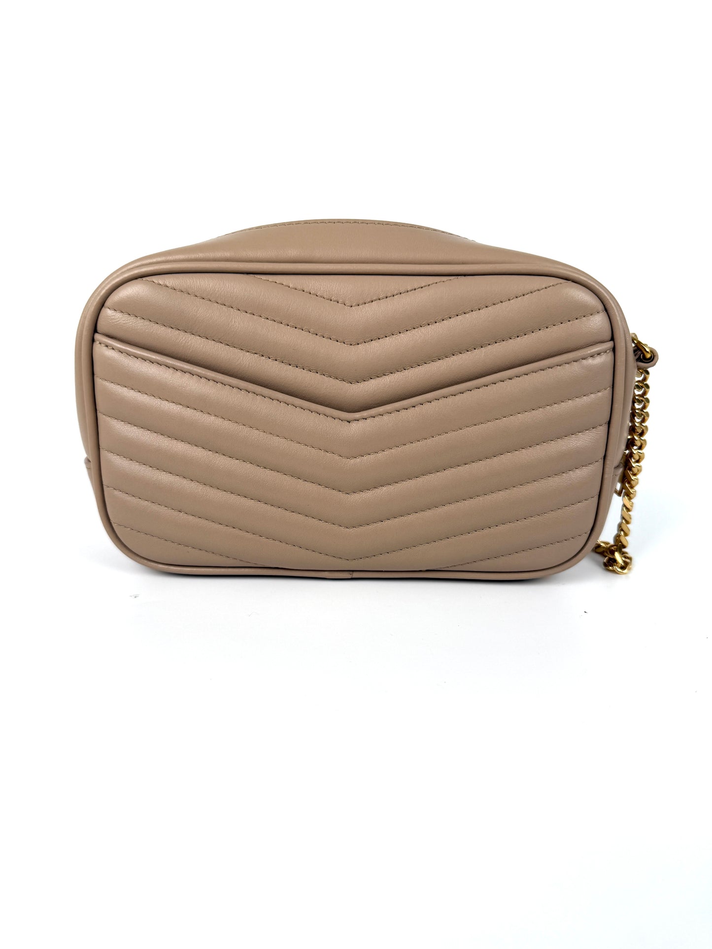 Saint Laurent Mini Lou Quilted Beige Leather Camera Chain Crossbody Bag