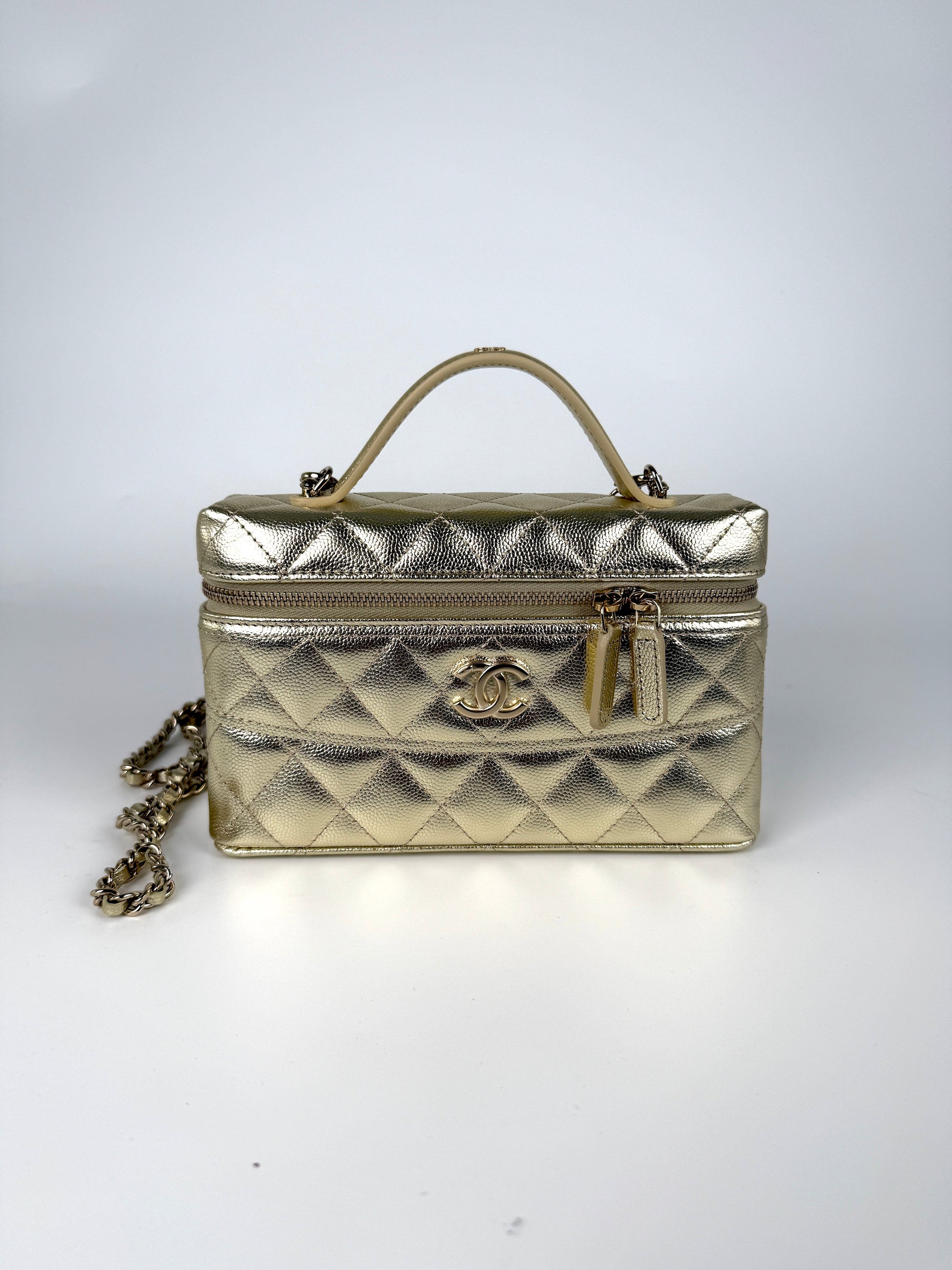 CHANEL Long Classic Vanity Light Gold Caviar Quilted Zip Top Handle Crossbody with Chain Bag New