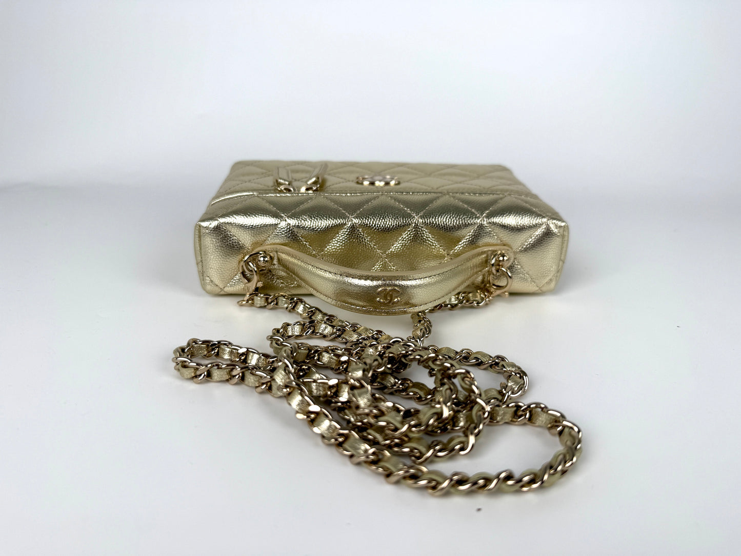 CHANEL Long Classic Vanity Light Gold Caviar Quilted Zip Top Handle Crossbody with Chain Bag New