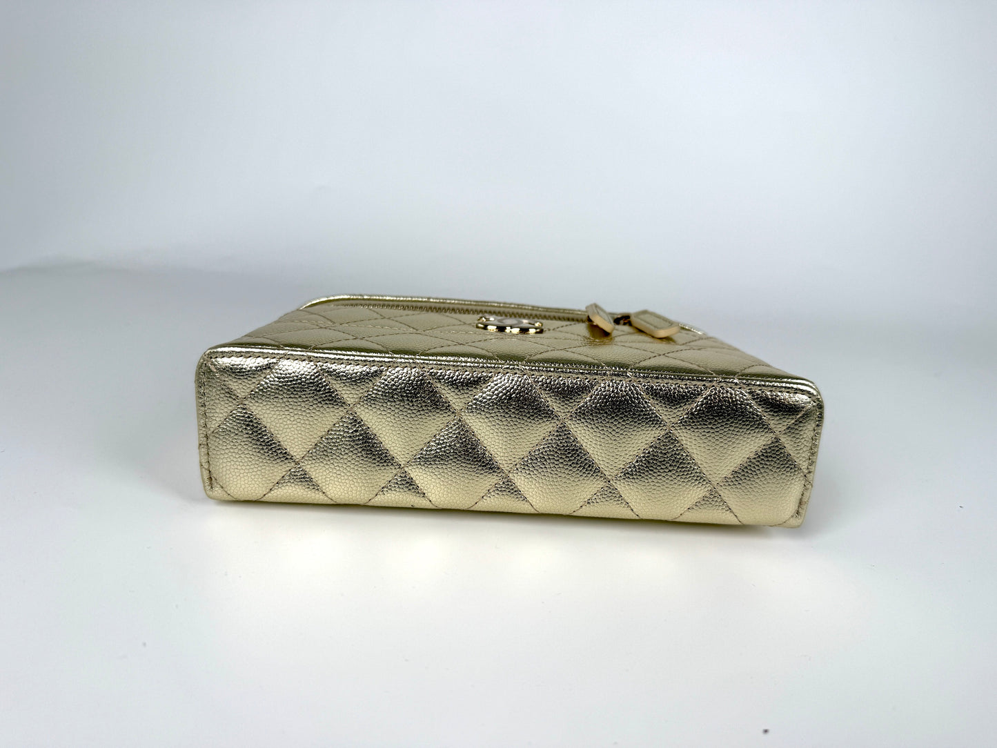 CHANEL Long Classic Vanity Light Gold Caviar Quilted Zip Top Handle Crossbody with Chain Bag New