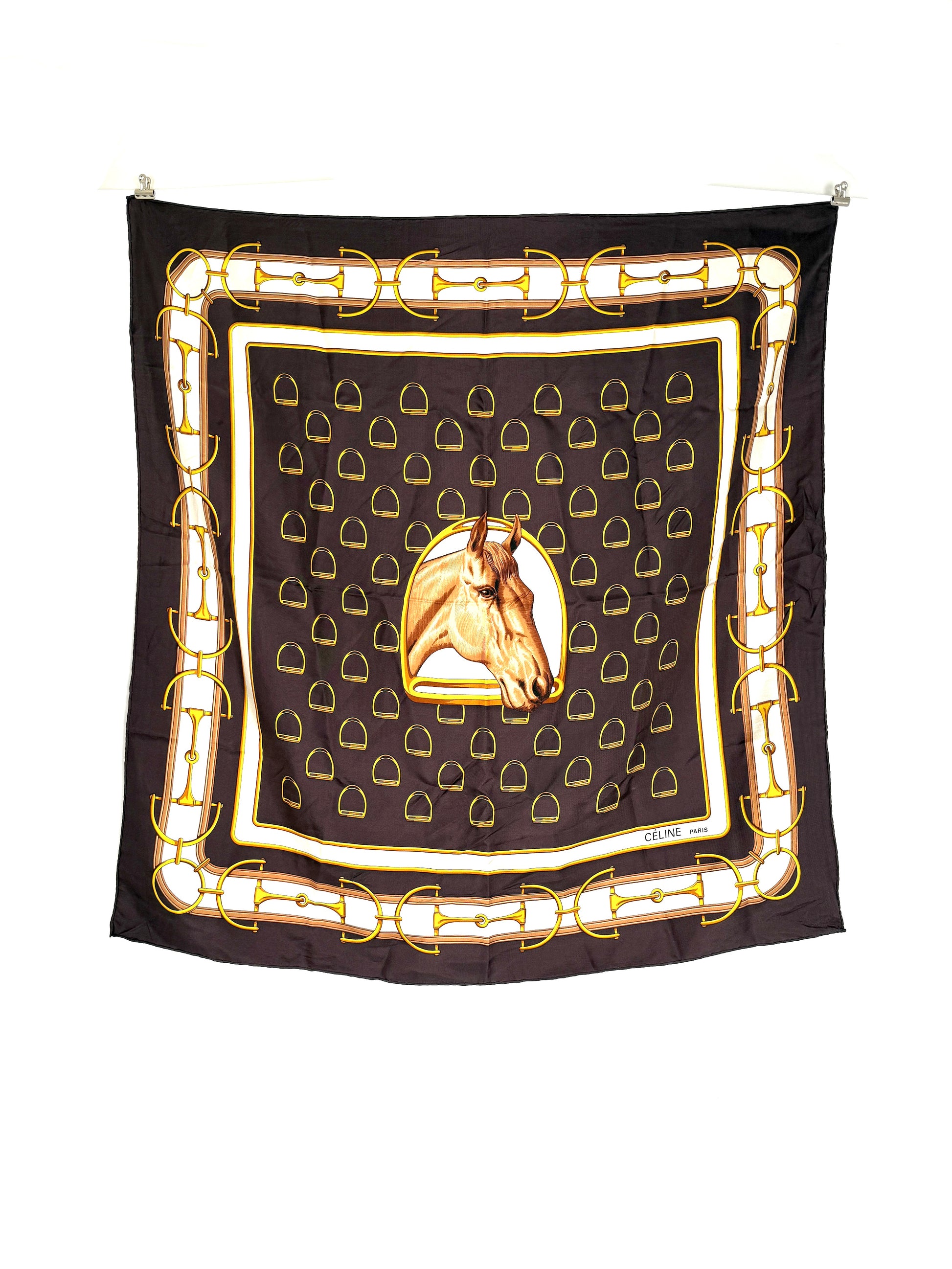 CELINE Horse Motif Printed Brown Yellow Square Silk Scarf