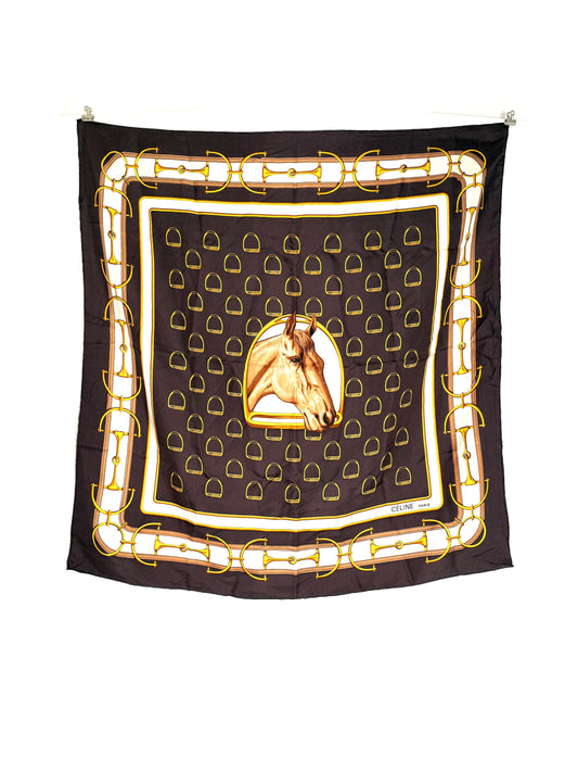 CELINE Horse Motif Printed Brown Yellow Square Silk Scarf