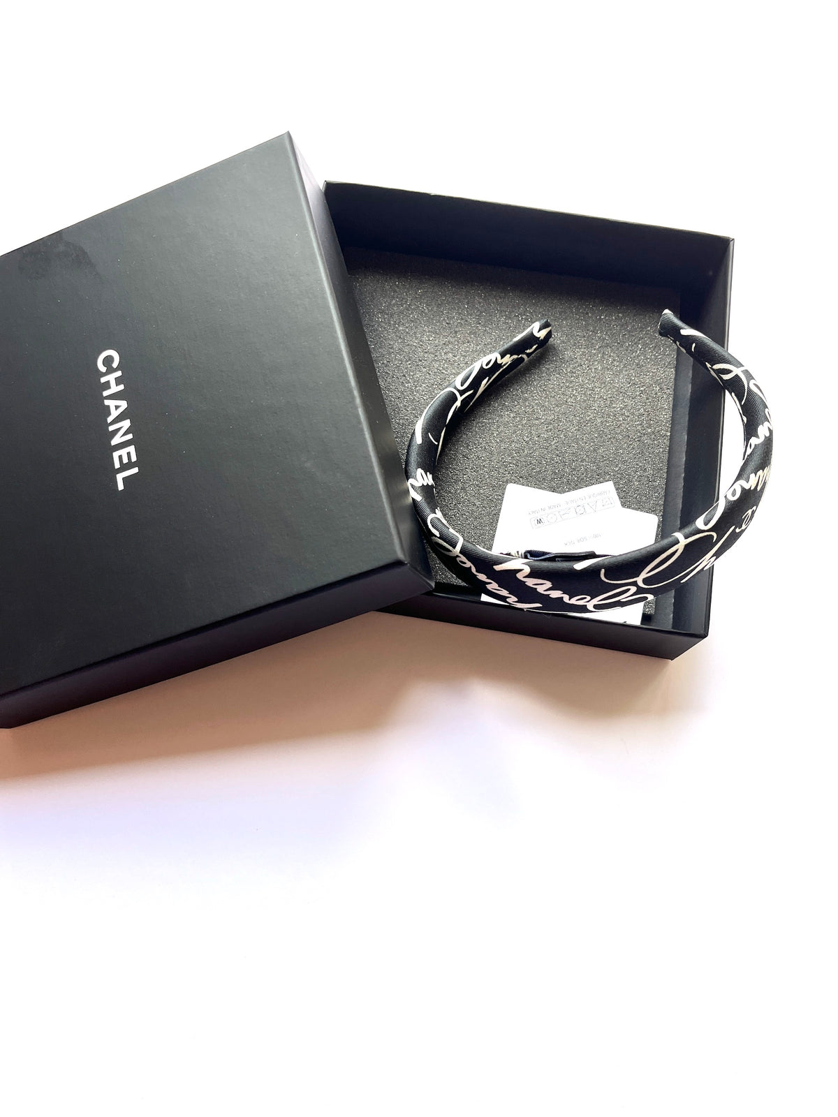 Chanel Black Silk Knotted Turban Headband Silver CC Logo with Box and Card Chanel Silk Soft CC Headband M Black 1710792 – FASHIONPHILE main image 3