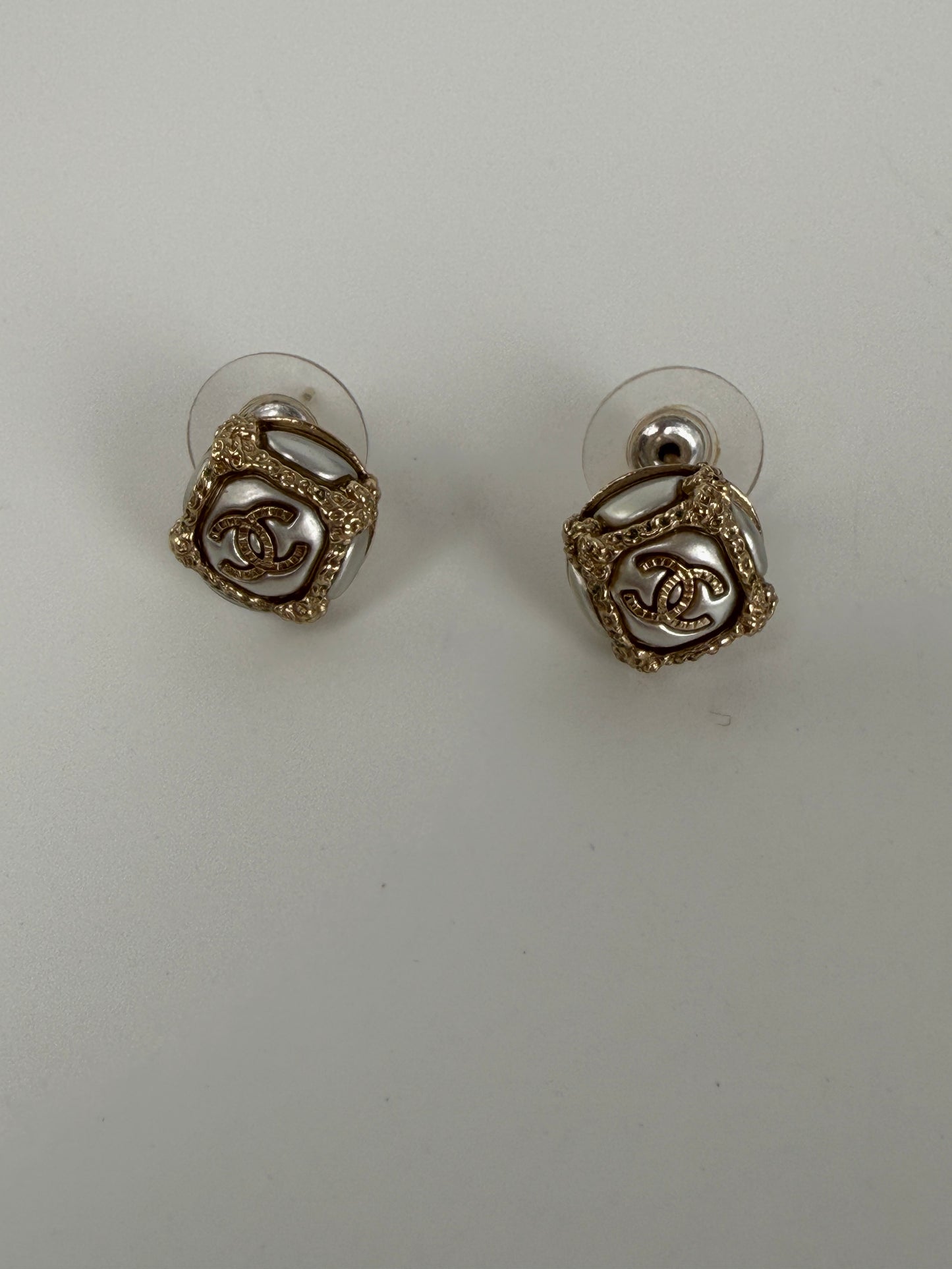 CHANEL CC Stud Light Gold Faux Pearl Rhinestone Earrings