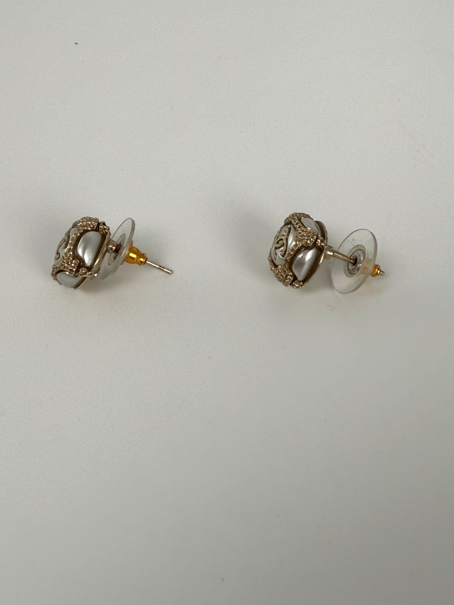 CHANEL CC Stud Light Gold Faux Pearl Rhinestone Earrings