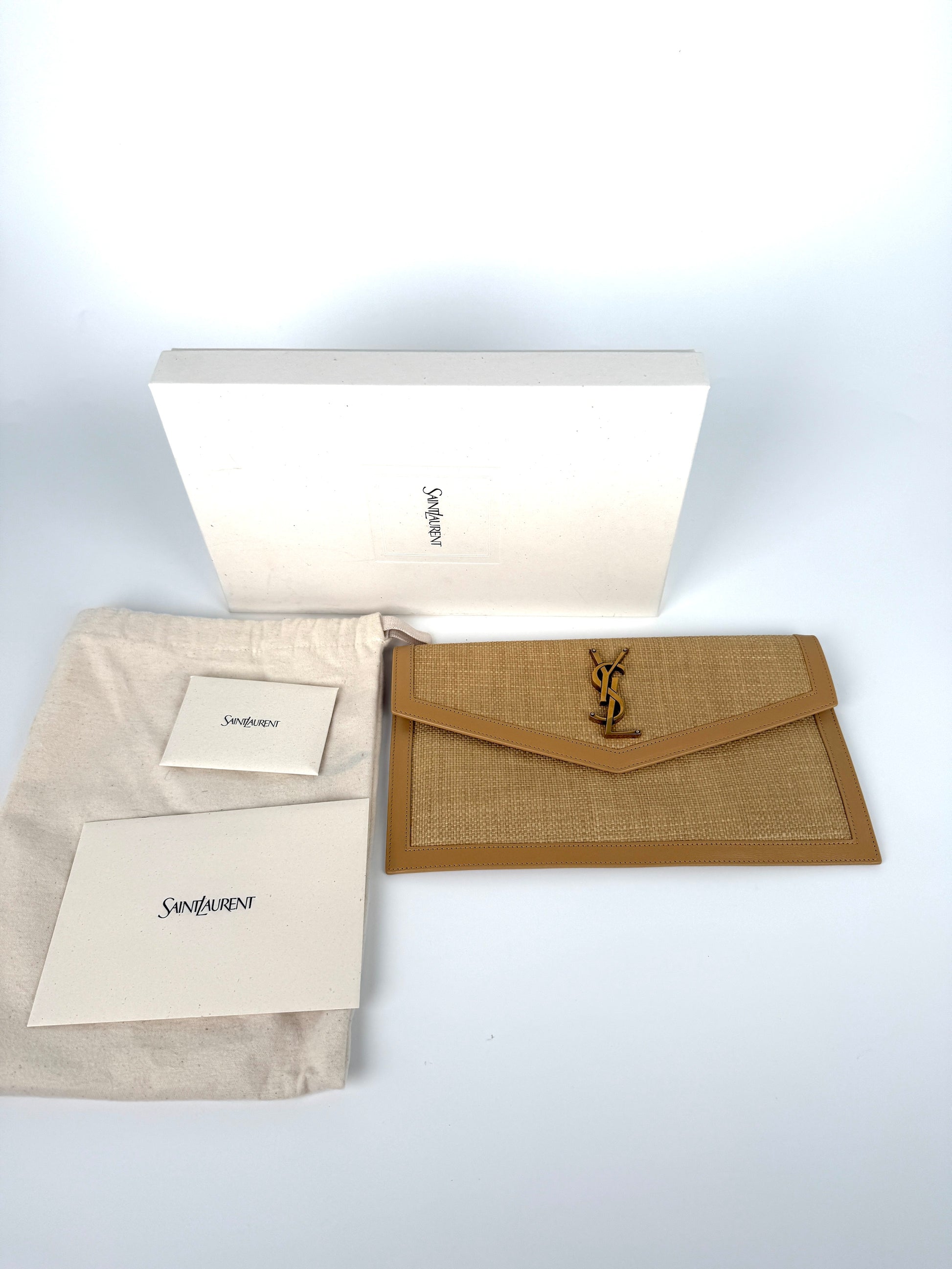 Saint Laurent Uptown Envelope Beige Micro Raffia Leather Pouch Clutch Bag
