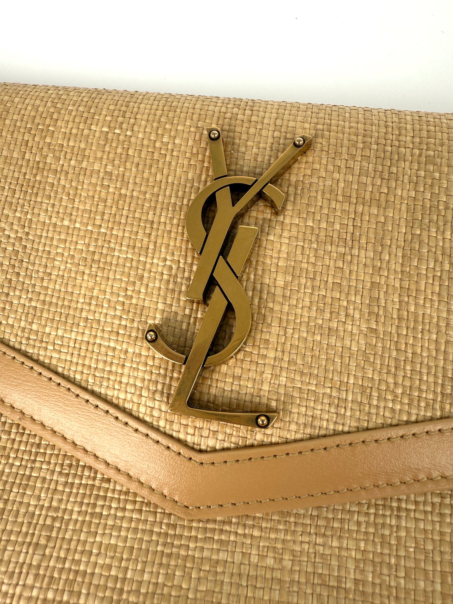 Saint Laurent Uptown Envelope Beige Micro Raffia Leather Pouch Clutch Bag