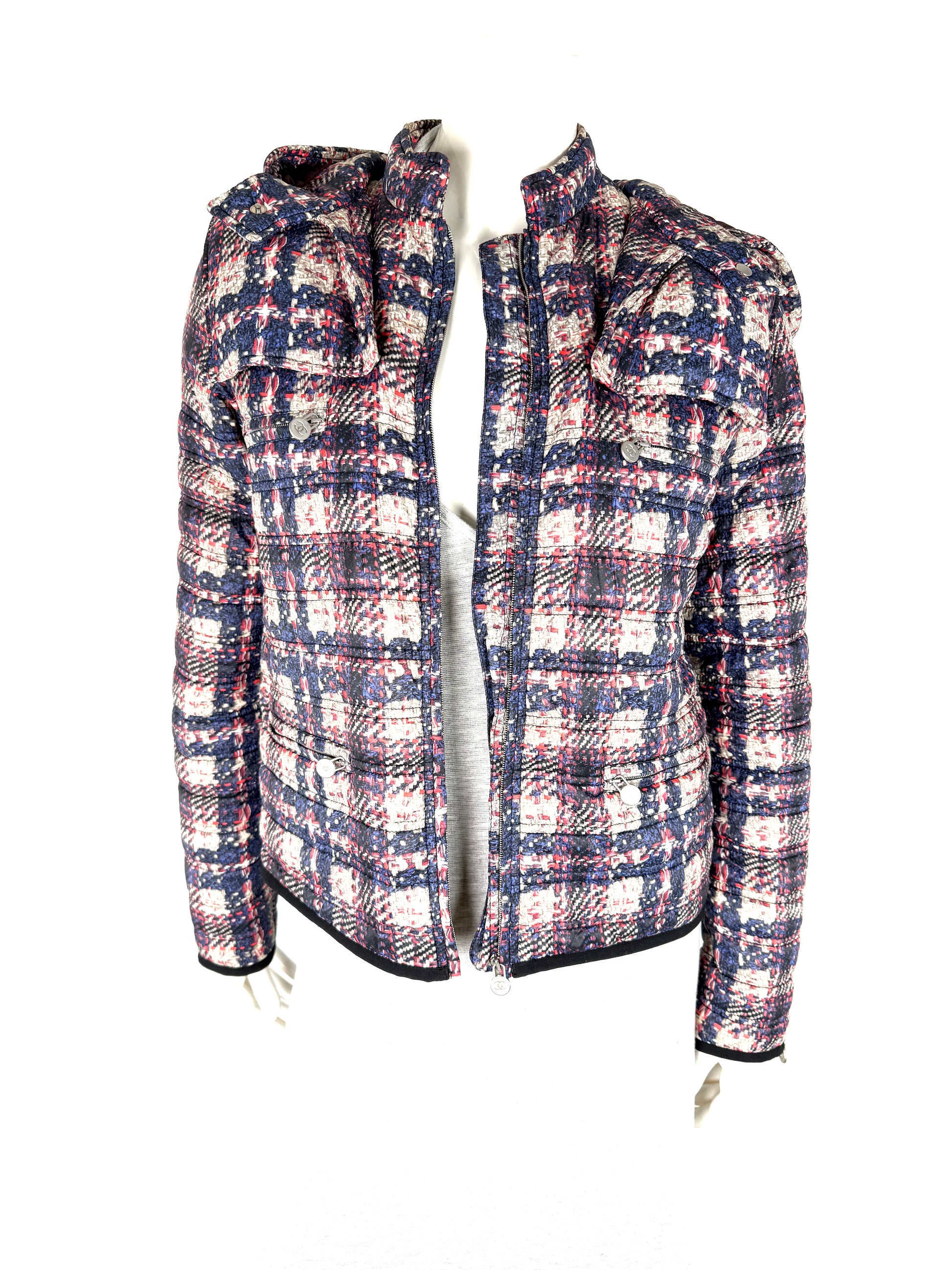 CHANEL 2014 Tweed Print Navy Beige Burgundy Nylon Zip Hooded Jacket 38