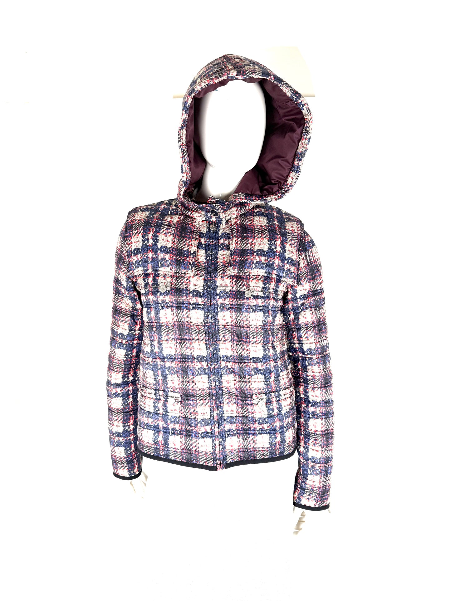 CHANEL 2014 Tweed Print Navy Beige Burgundy Nylon Zip Hooded Jacket 38