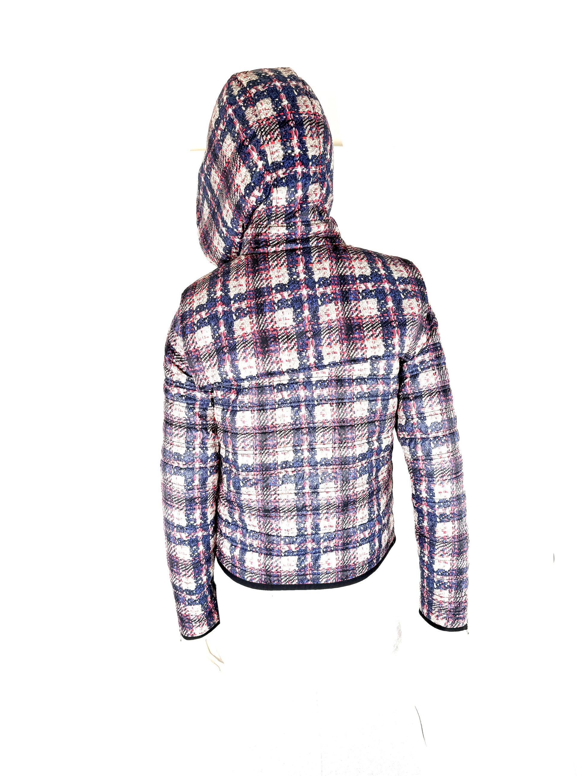 CHANEL 2014 Tweed Print Navy Beige Burgundy Nylon Zip Hooded Jacket 38