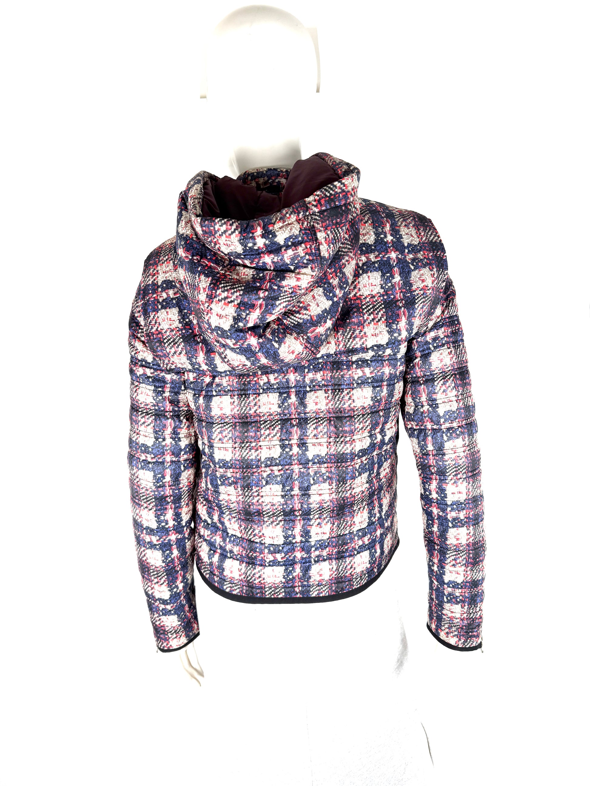 CHANEL 2014 Tweed Print Navy Beige Burgundy Nylon Zip Hooded Jacket 38