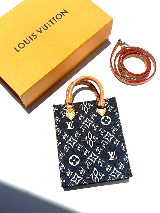 Louis Vuitton Since 1854 Petit Sac Plat Vertical Blue Canvas Monogram Crossbody Tote Bag