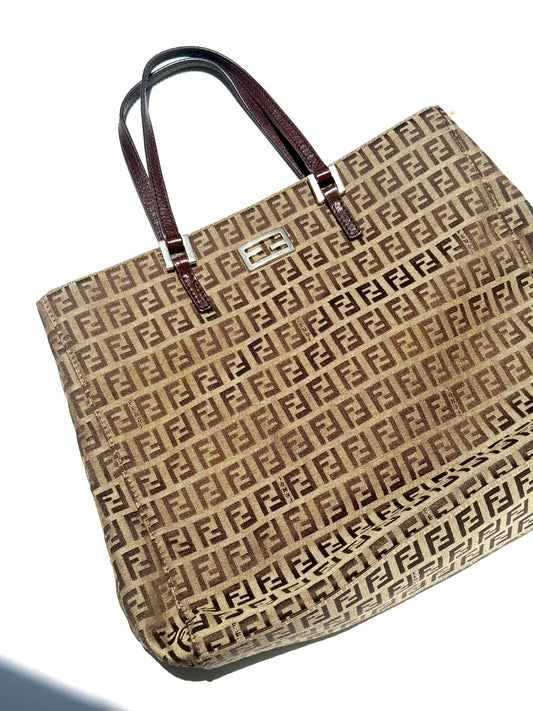 FENDI Vintage Zucchino FF Print Monogram Brown Beige Canvas Tote Bag