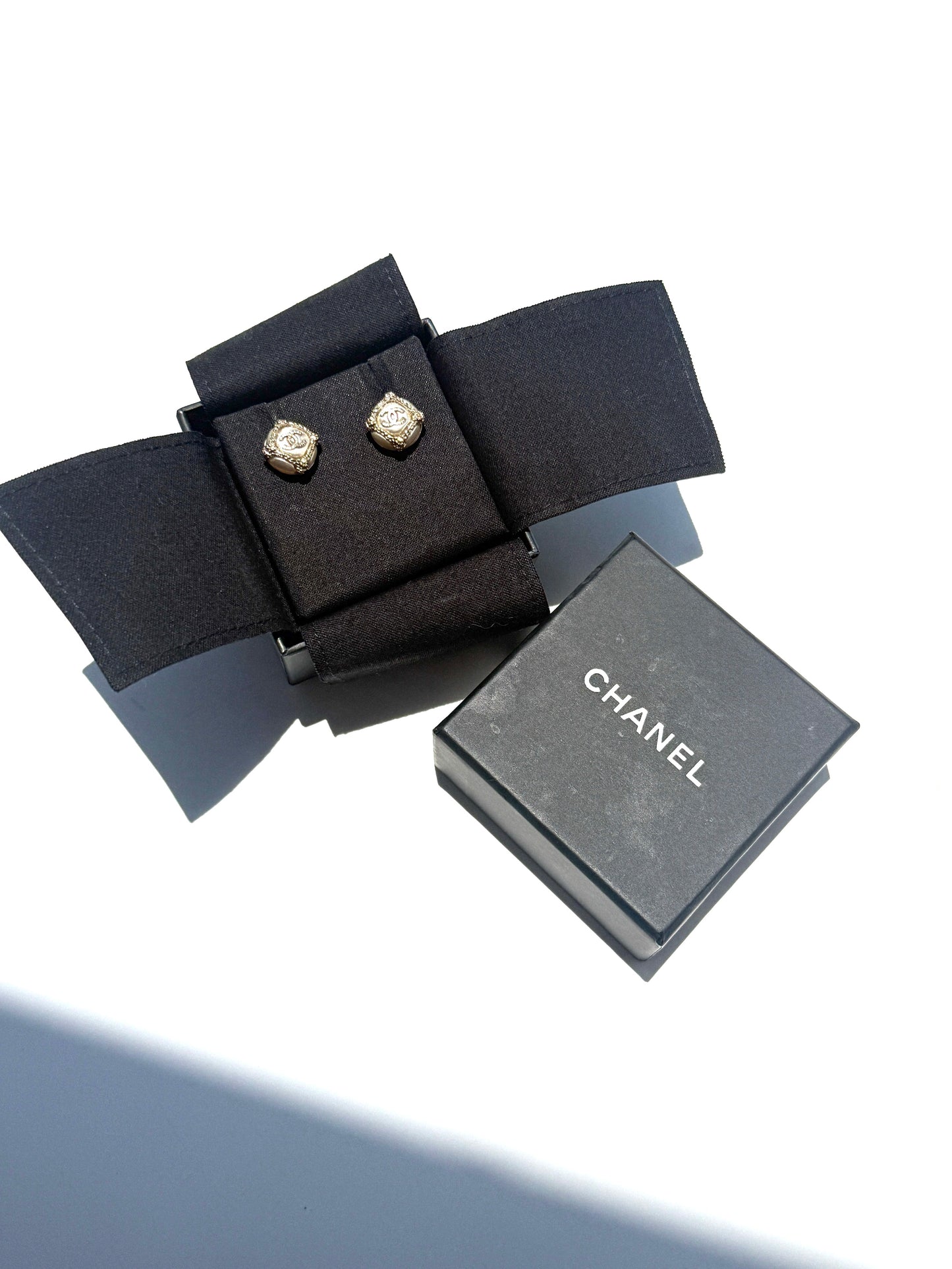 CHANEL CC Stud Light Gold Faux Pearl Rhinestone Earrings