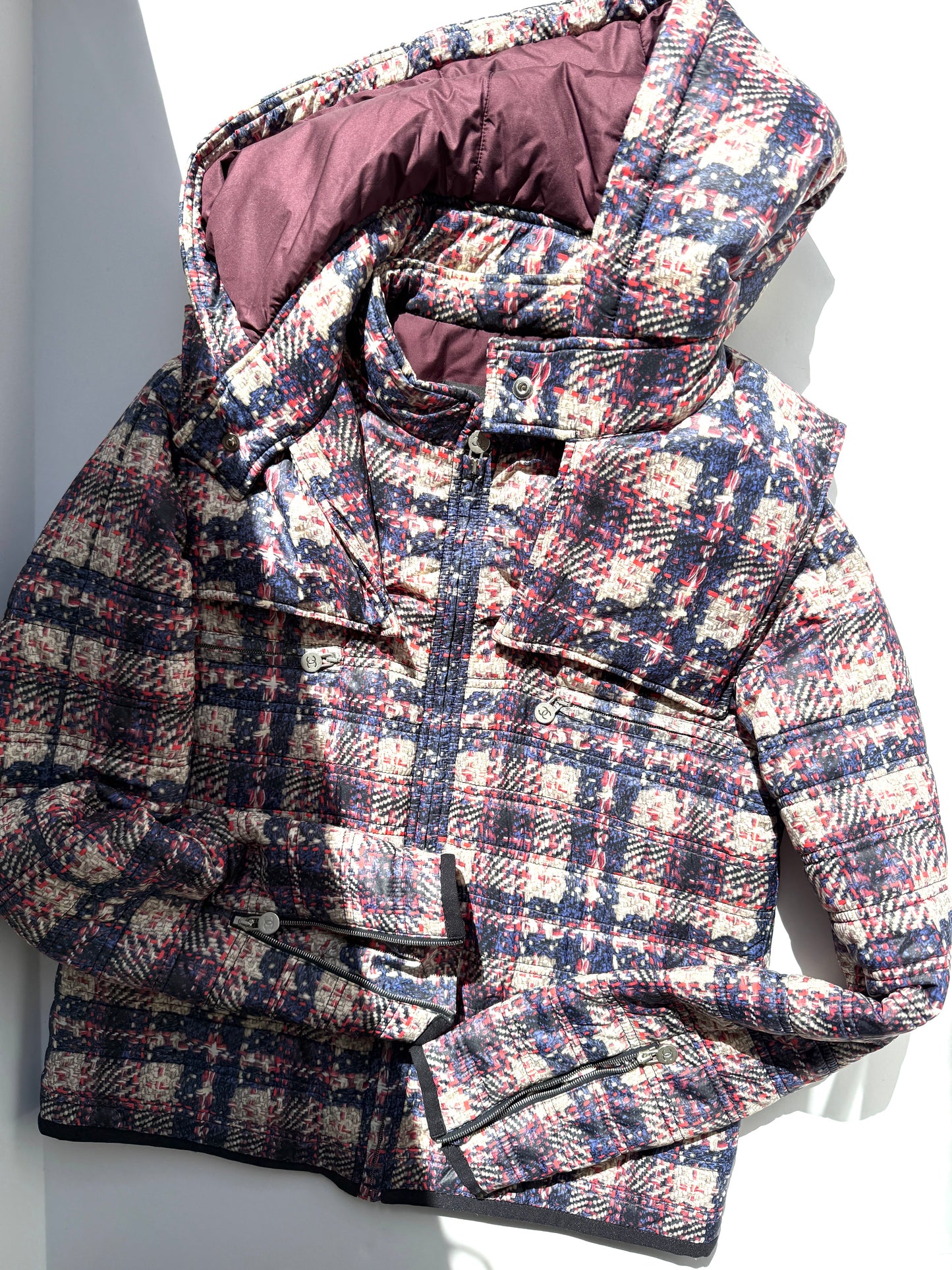 CHANEL 2014 Tweed Print Navy Beige Burgundy Nylon Zip Hooded Jacket 38
