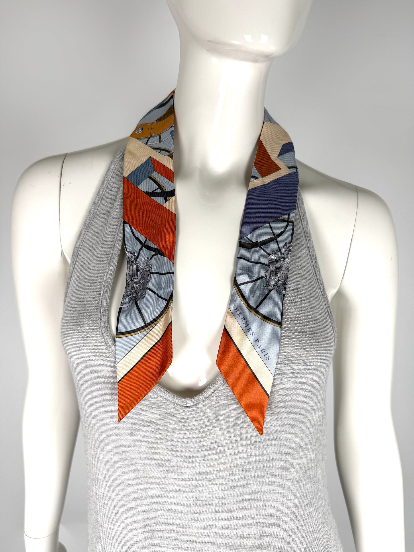  Hermes Springs Springs Blue Orange Print Silk Twilly Scarf 