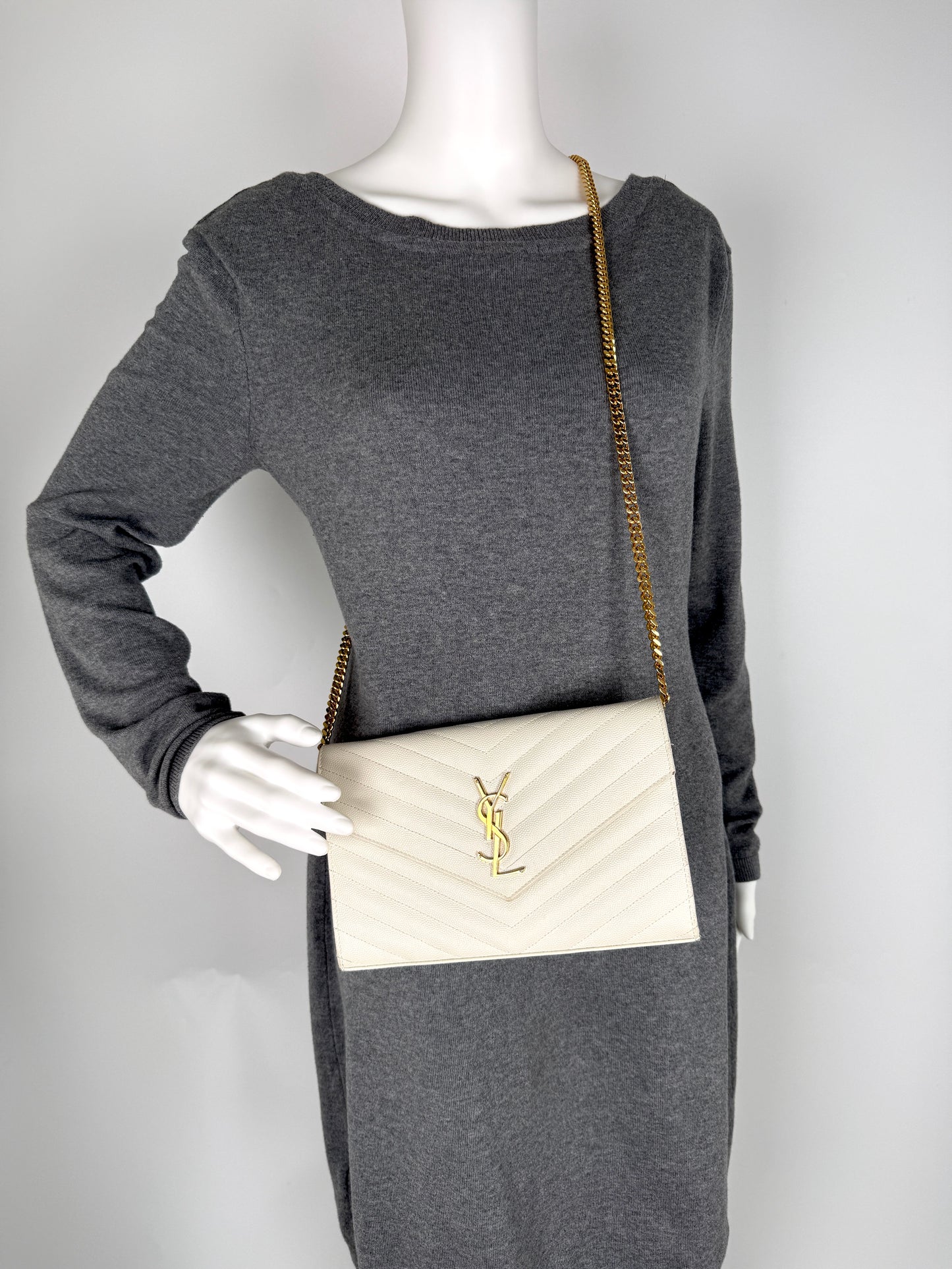 Saint Laurent Ivory Cassandre Matelasse Envelope Wallet on Chain Crossbody Bag