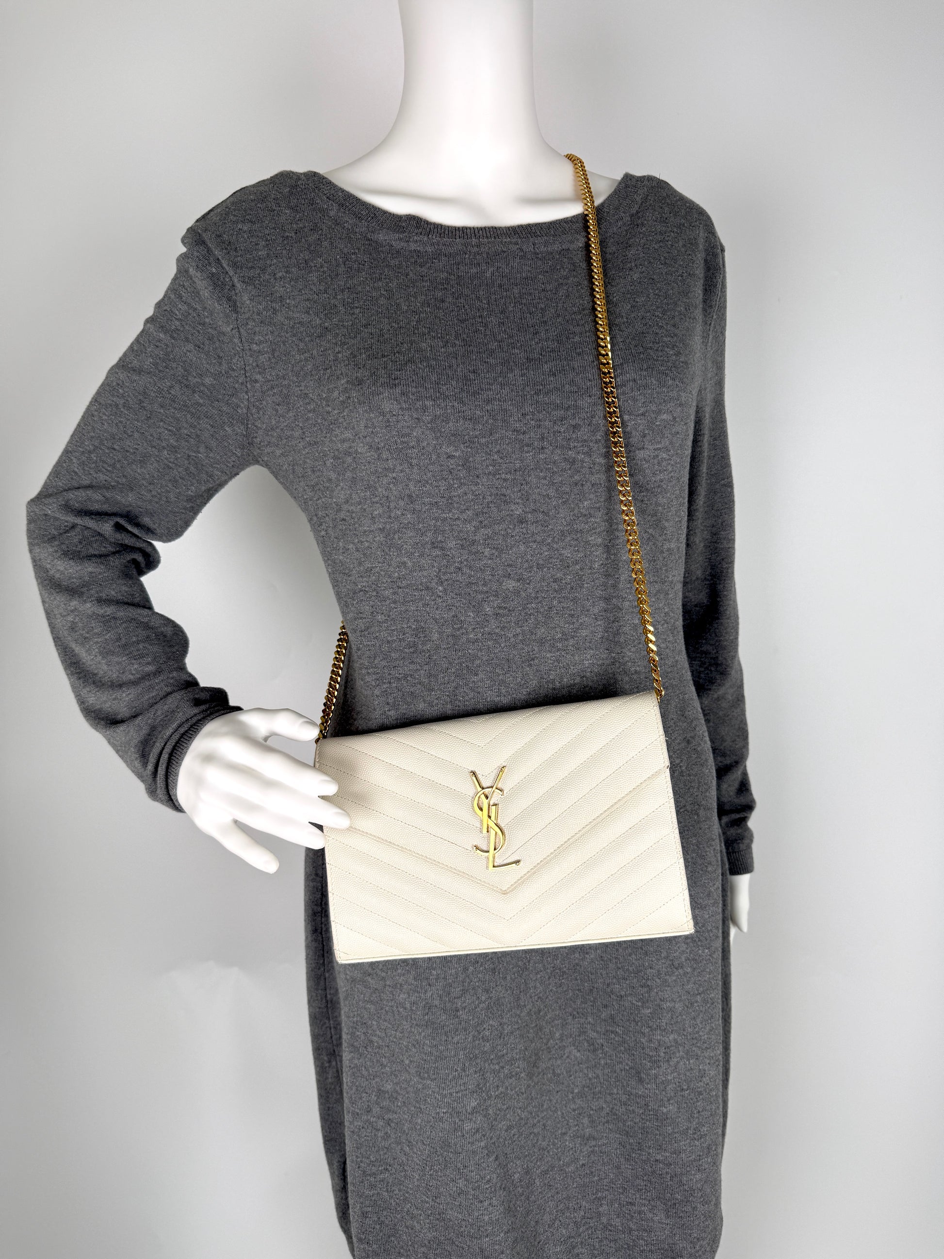 Saint Laurent Ivory Cassandre Matelasse Envelope Wallet on Chain Crossbody Bag