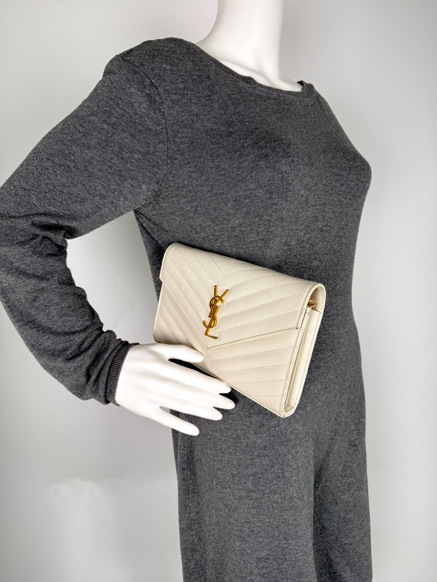 Saint Laurent Ivory Cassandre Matelasse Envelope Wallet on Chain Crossbody Bag