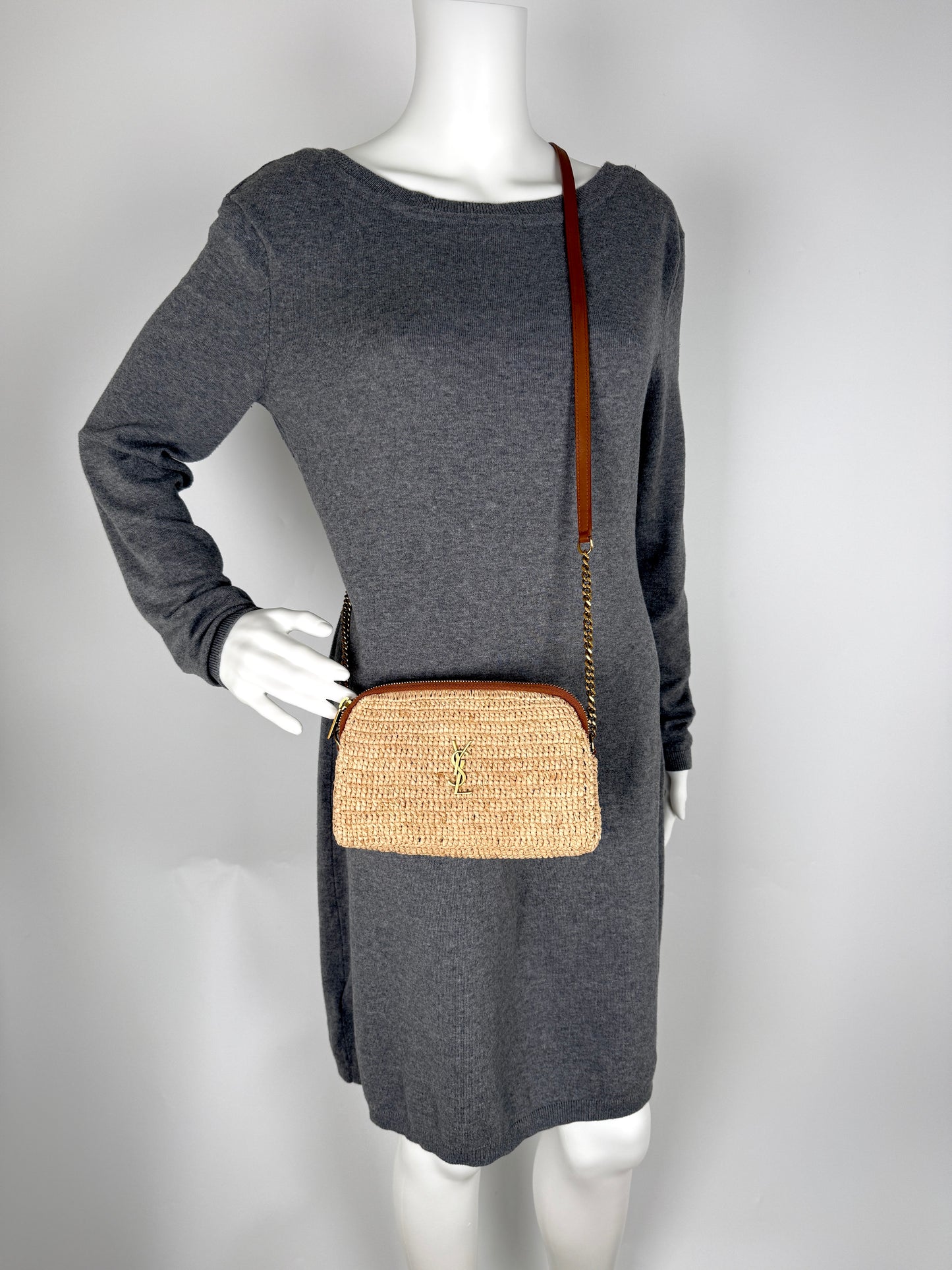 Saint Laurent Gaby Raffia Leather Trimmed Crossbody Bag