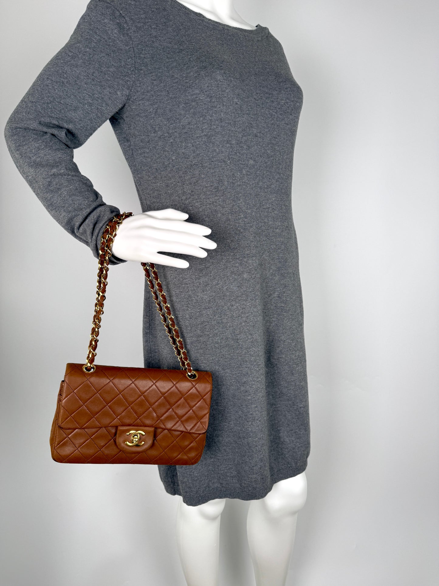 Chanel Vintage Brown Small Lambskin Quilted Leather Gold Hardware Double Flap Shoulder Bag