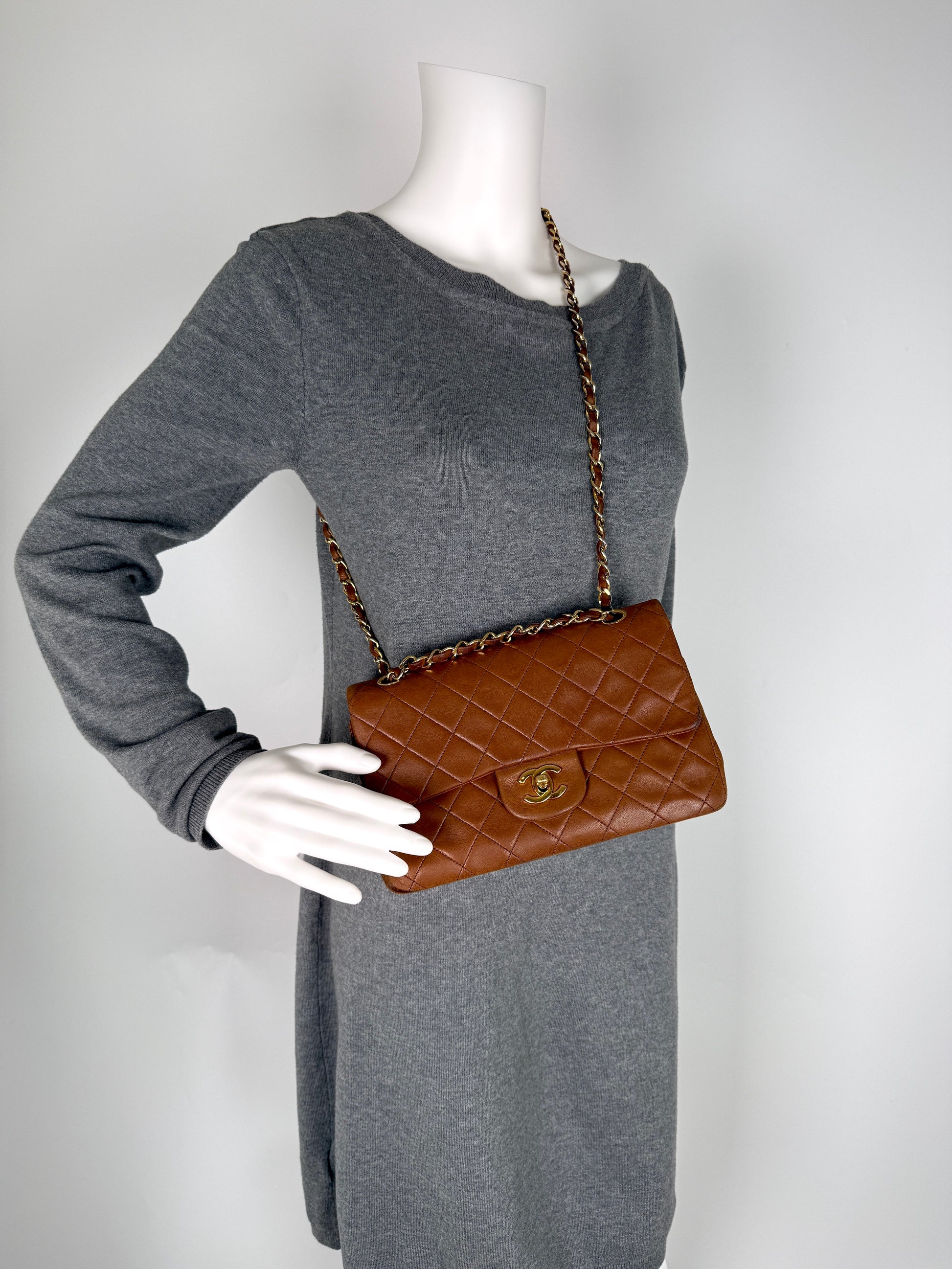 Chanel Vintage Brown Small Lambskin Quilted Leather Gold Hardware Double Flap Shoulder Bag