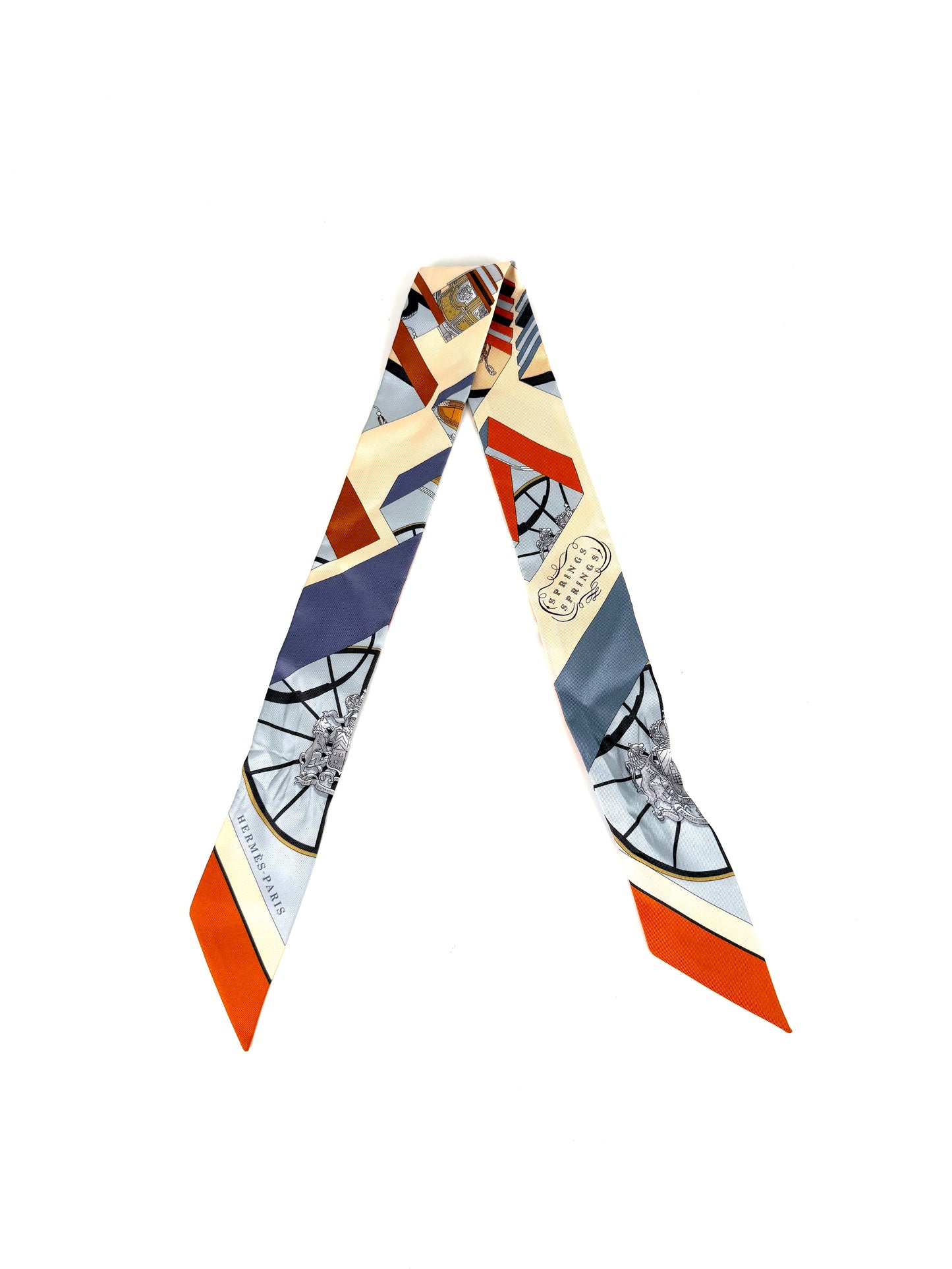  Hermes Springs Springs Blue Orange Print Silk Twilly Scarf 