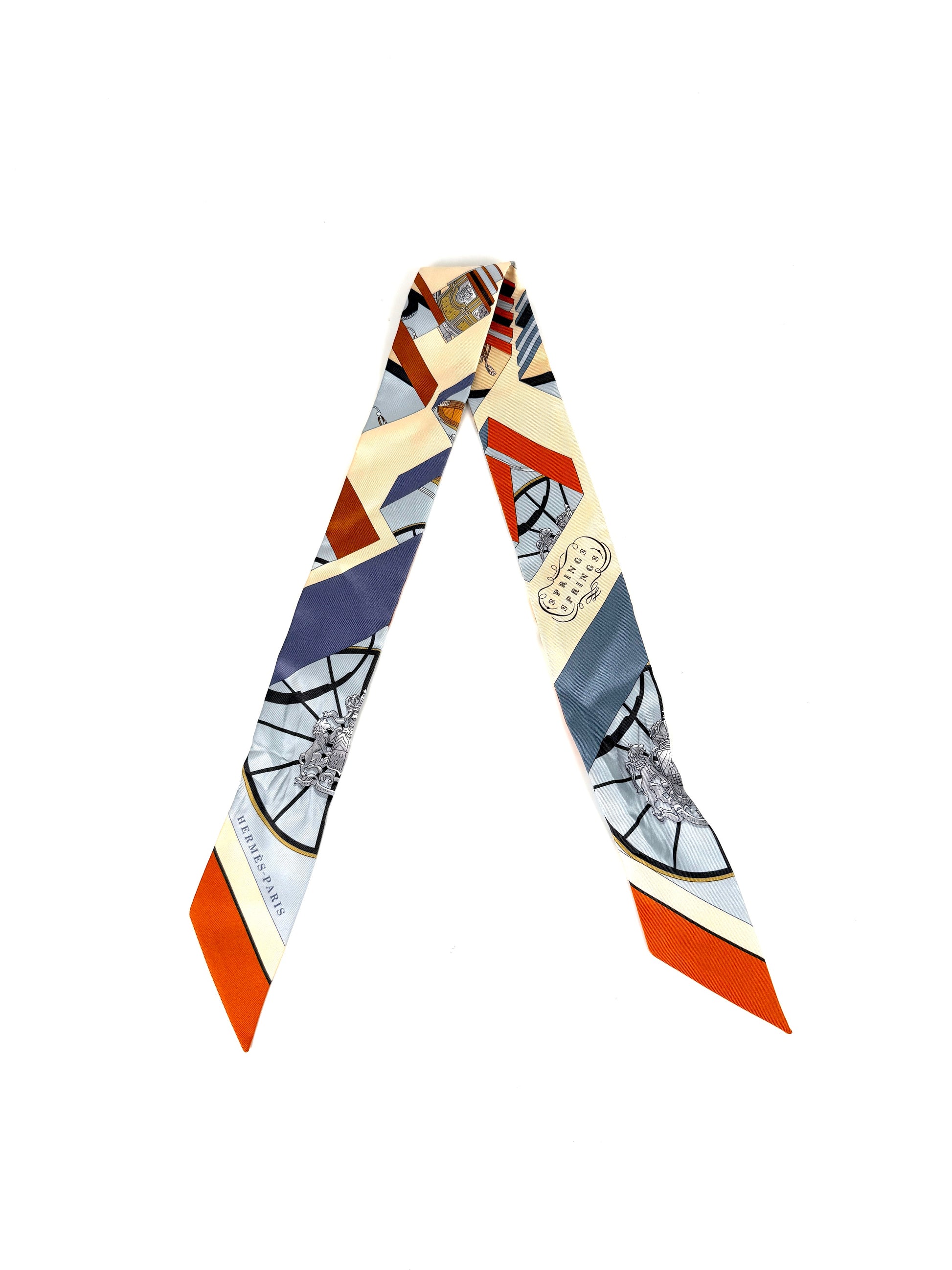  Hermes Springs Springs Blue Orange Print Silk Twilly Scarf 