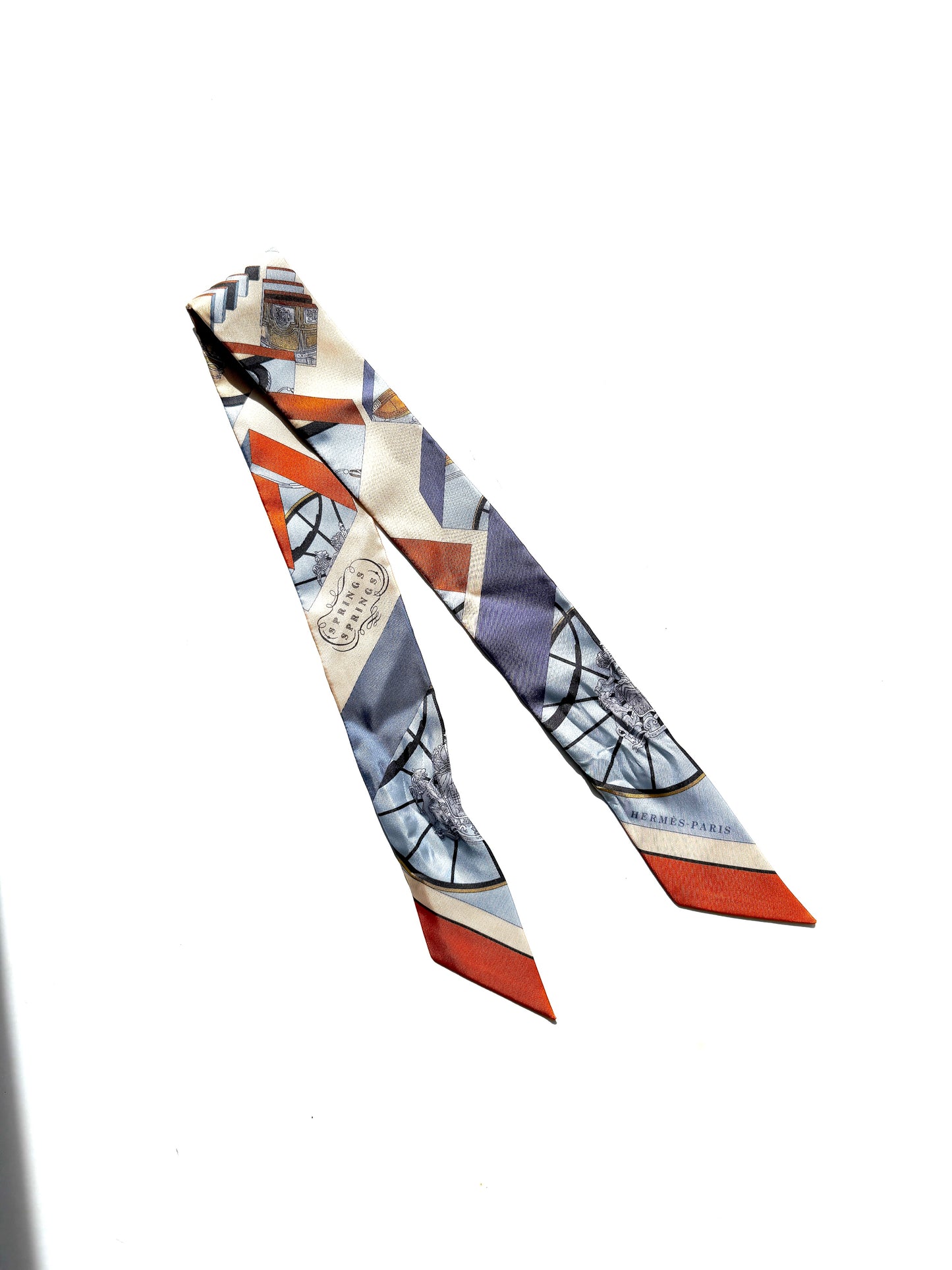  Hermes Springs Springs Blue Orange Print Silk Twilly Scarf 