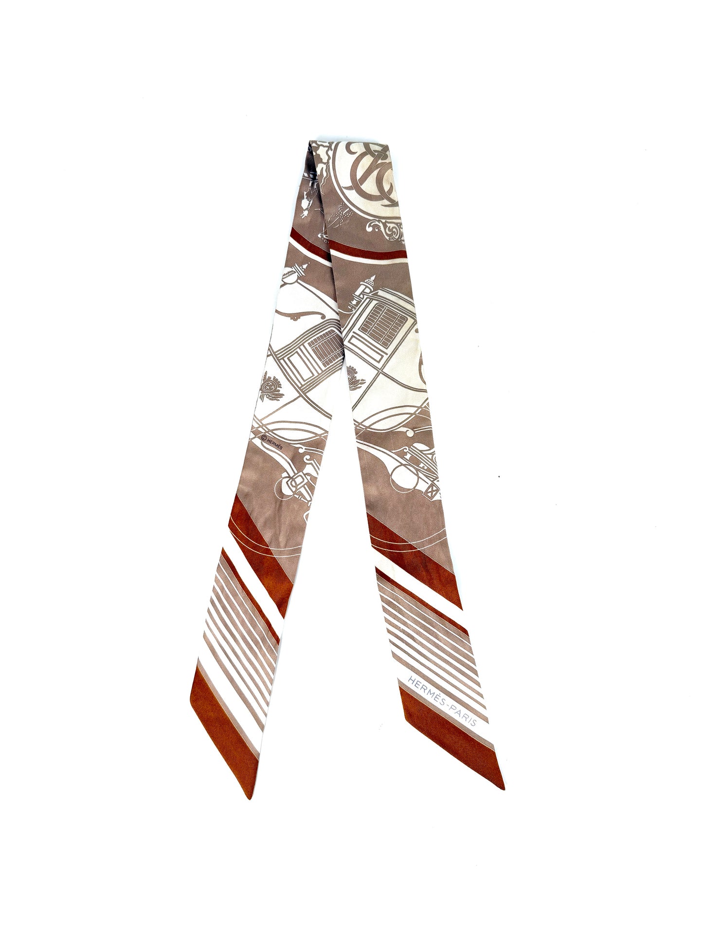 Hermes Ex Libris Horse Carriage Print Beige White Caramel Silk Twilly Scarf