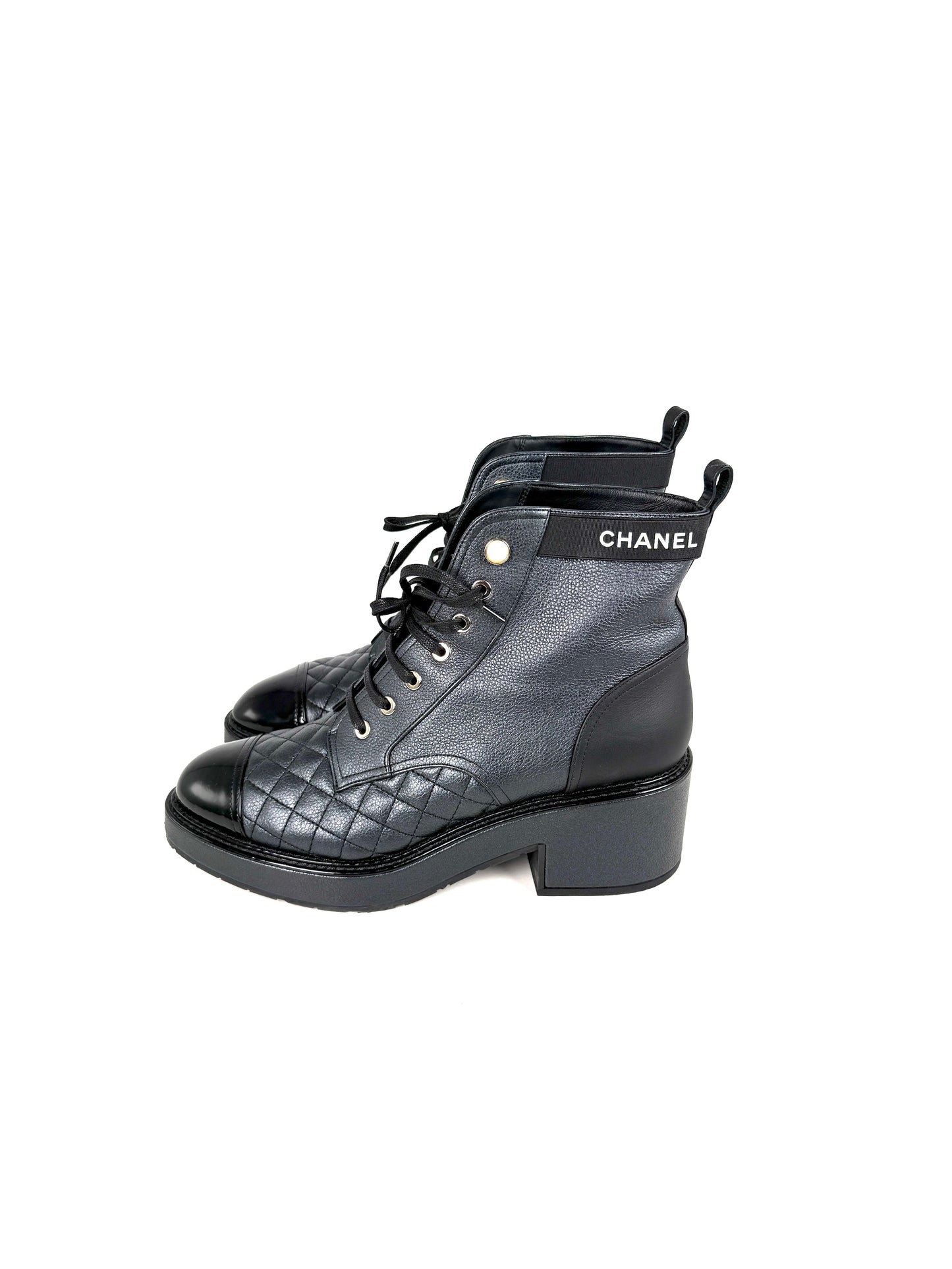 CHANEL Cap Toe Faux Pearl Black Quilted Block Heel Combat Ankle Boots 41, 10.5