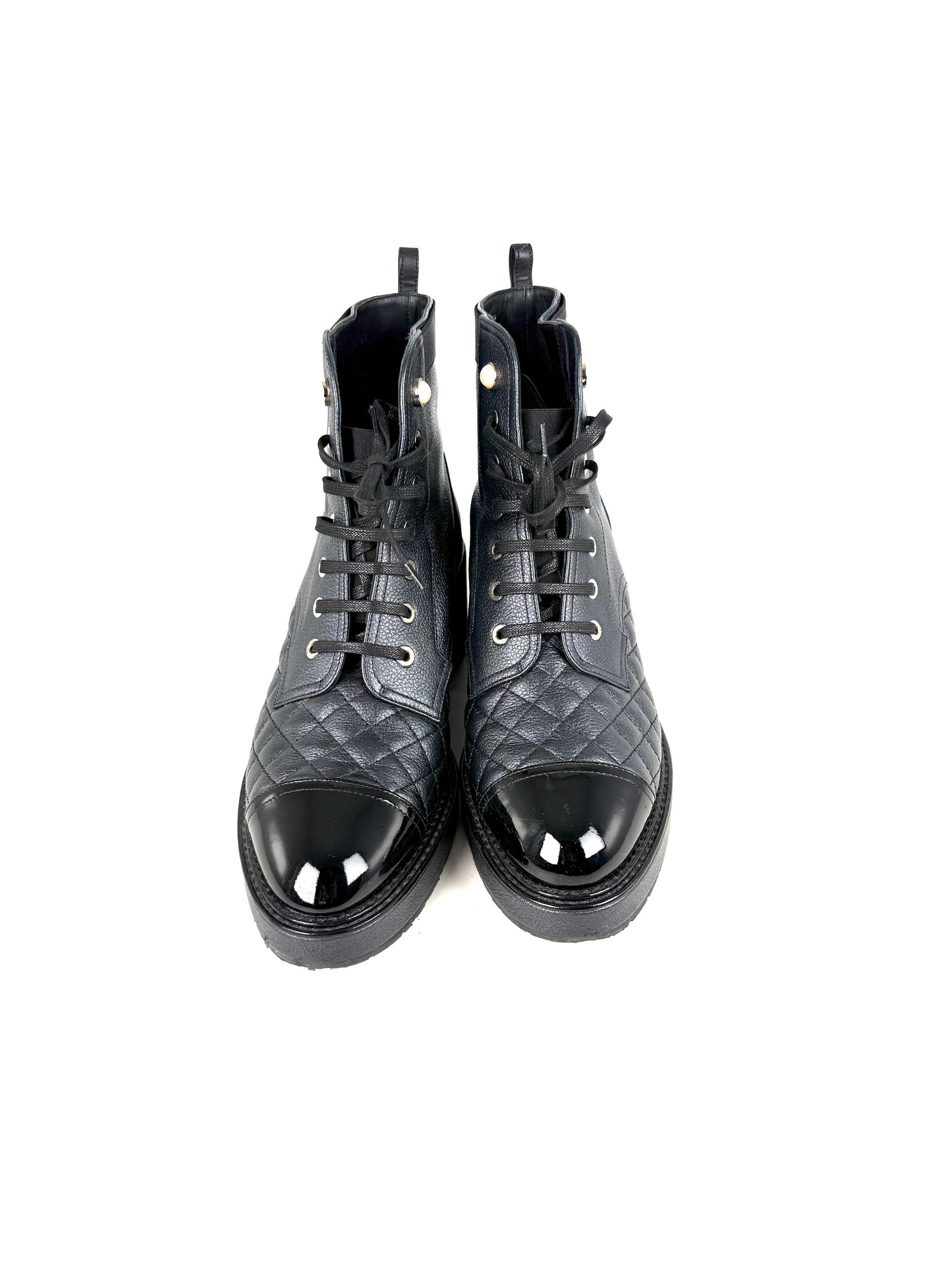 CHANEL Cap Toe Faux Pearl Black Quilted Block Heel Combat Ankle Boots 41, 10.5