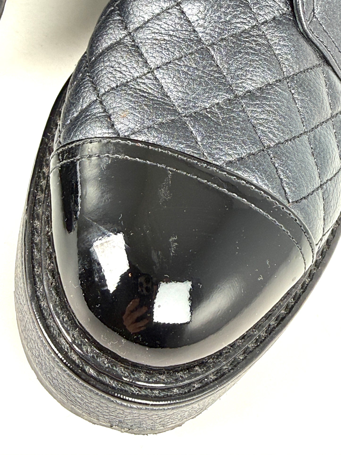 CHANEL Cap Toe Faux Pearl Black Quilted Block Heel Combat Ankle Boots 41, 10.5
