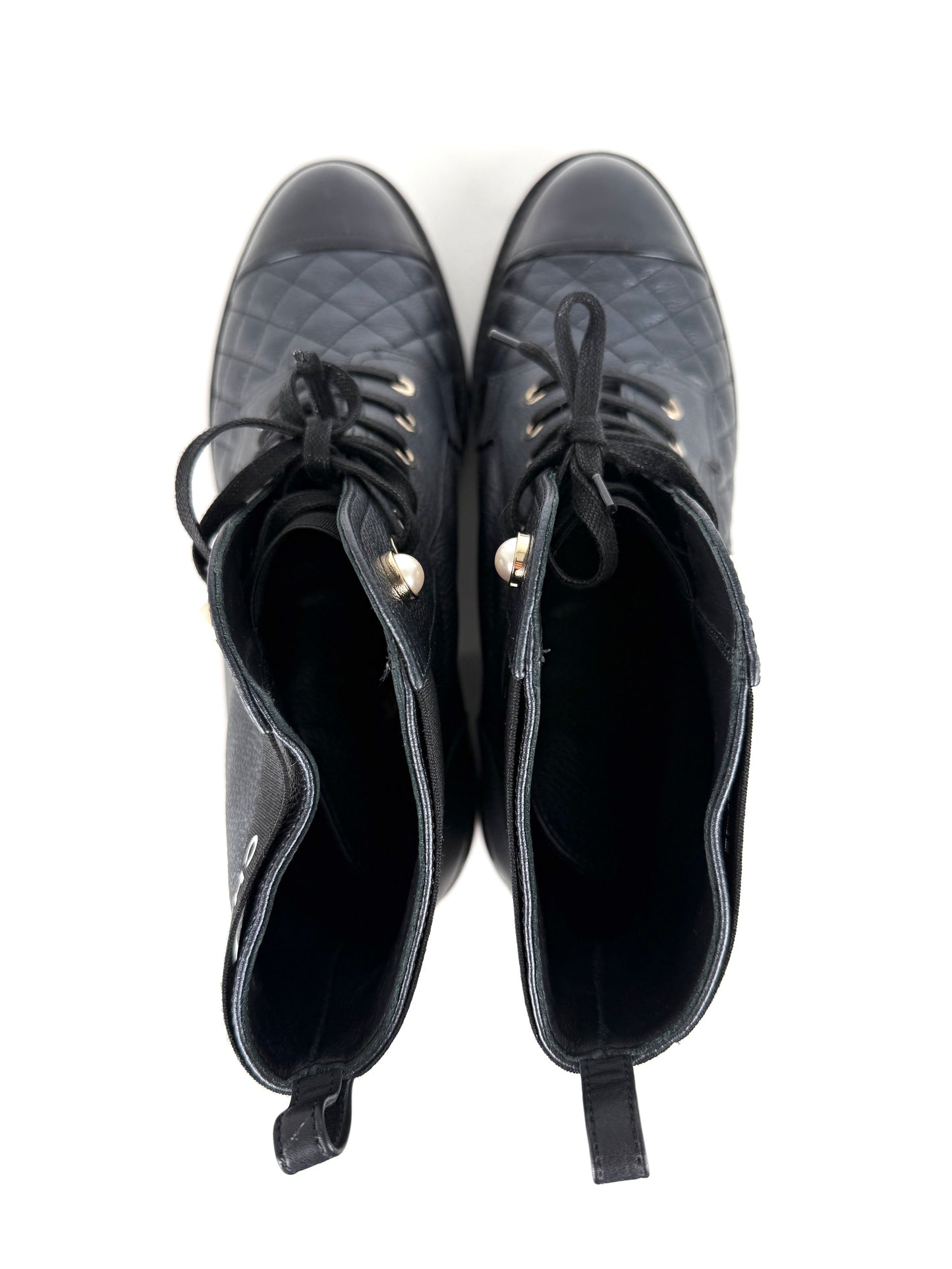 CHANEL Cap Toe Faux Pearl Black Quilted Block Heel Combat Ankle Boots 41, 10.5
