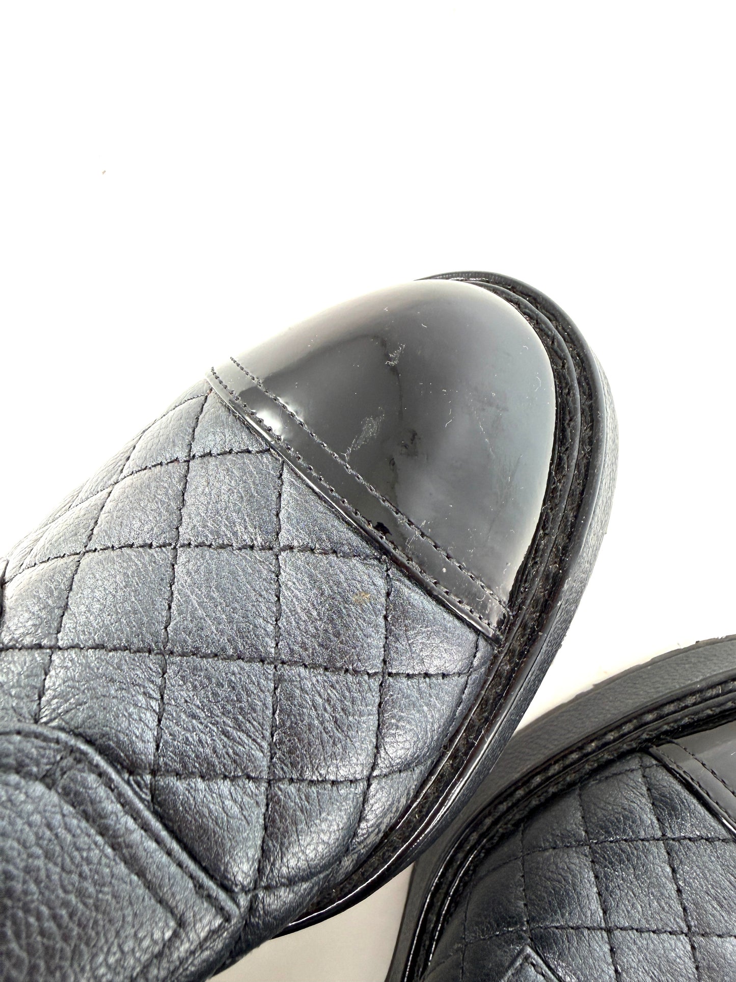 CHANEL Cap Toe Faux Pearl Black Quilted Block Heel Combat Ankle Boots 41, 10.5