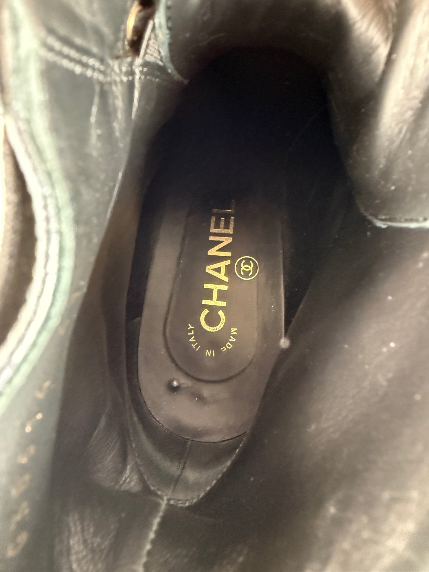 CHANEL Cap Toe Faux Pearl Black Quilted Block Heel Combat Ankle Boots 41, 10.5